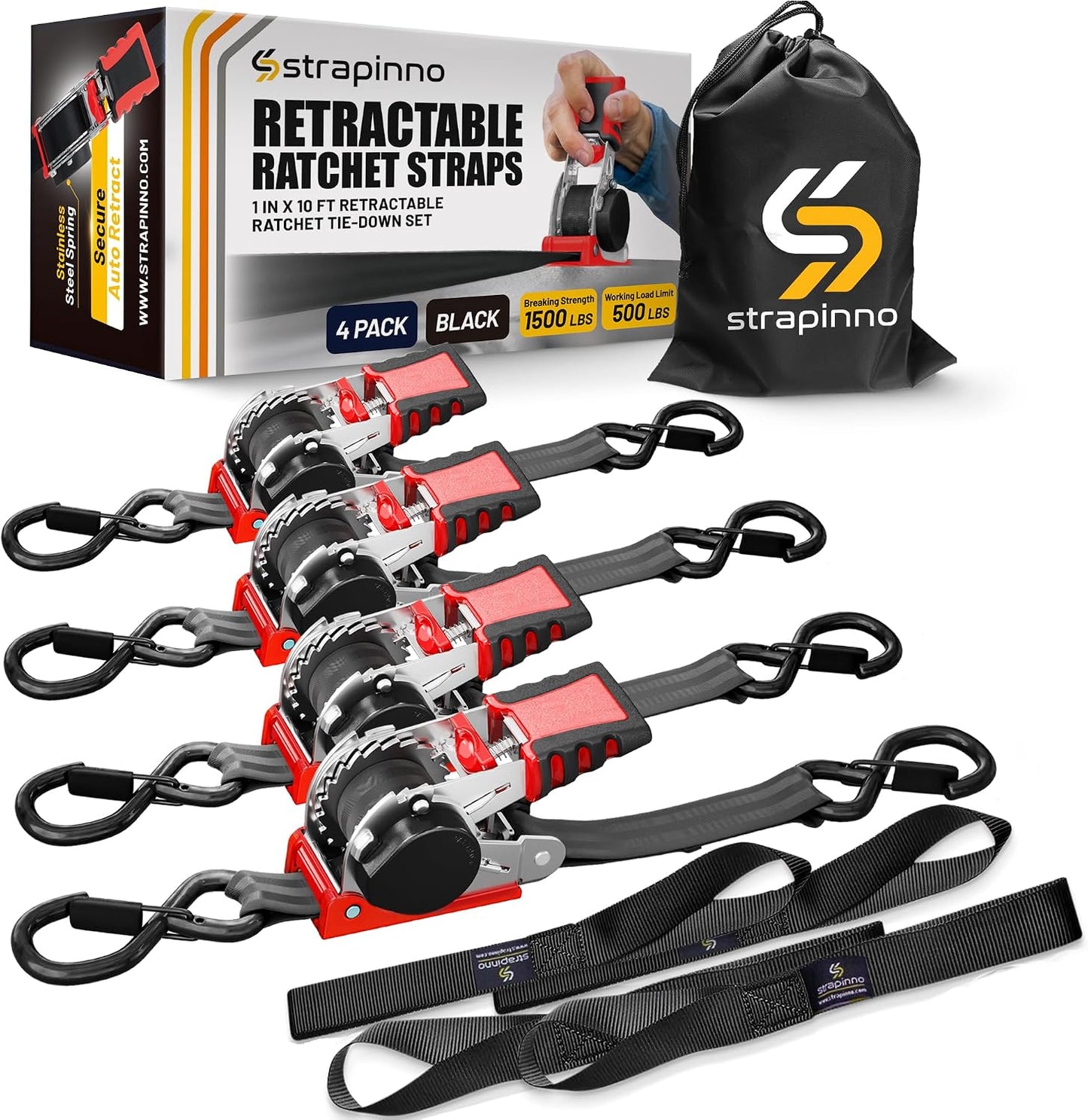 Strapinno Retractable Ratchet Straps (4-Pack), 1 in x 10 ft, 1,500LBS Break Strength, Most Durable Straps and Core, Auto Self Retracting Tie Downs for Truck, Moving, Motorcycle, Bike, Jetski, Kayak