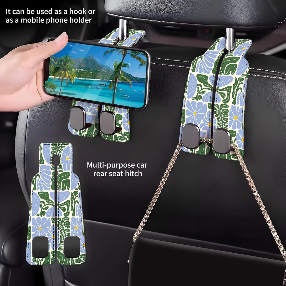 Car Seat Back Storage Headrest Hook, Premium Leather Double Metal Hook, Hanger Storage Organizer for Purse Cloth Bag, Car Interior Accessories Boho Blue Pattern