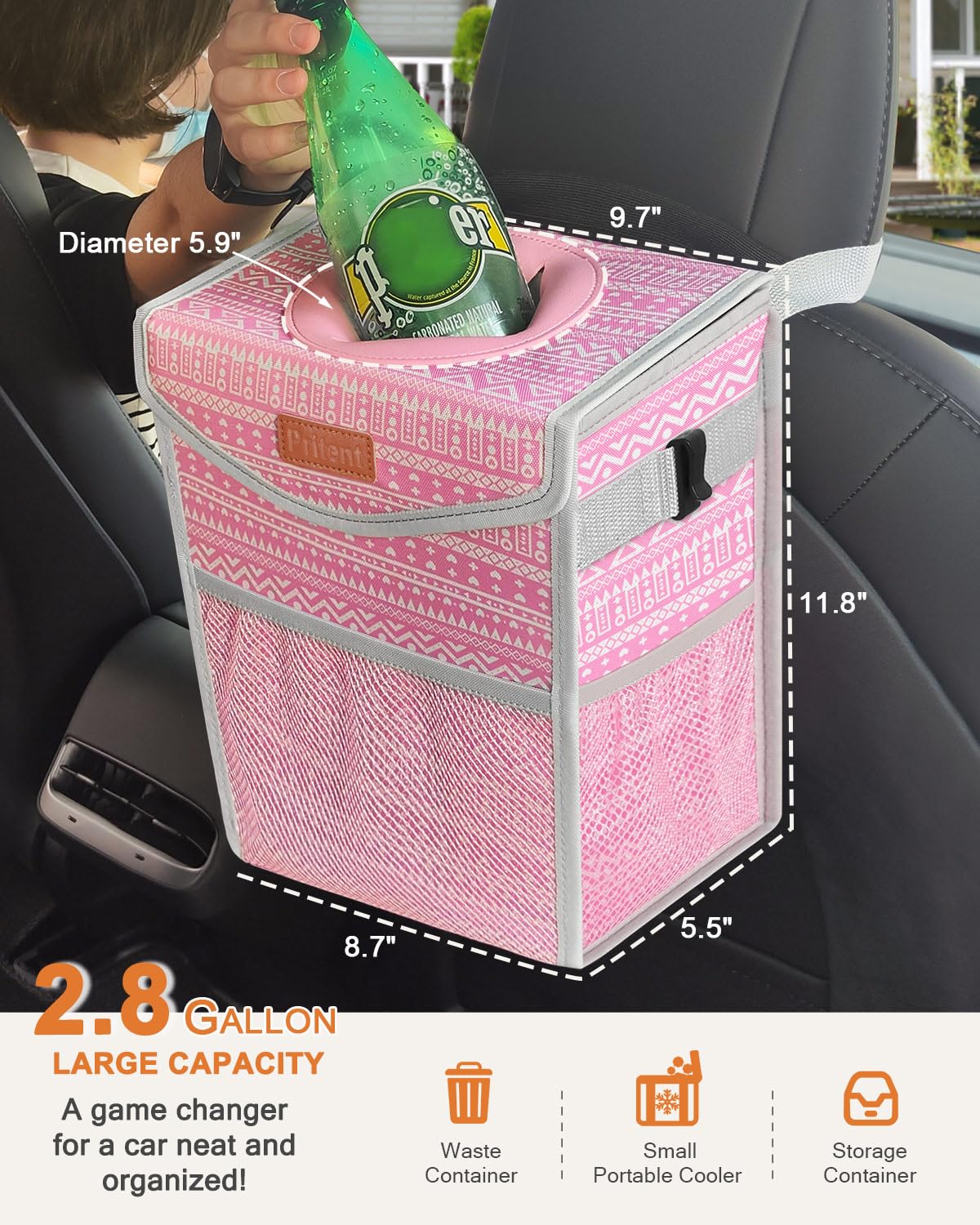 Pritent Car Trash Can with Lid Leakproof Car Garbage Bag Vehicle Trash Bin