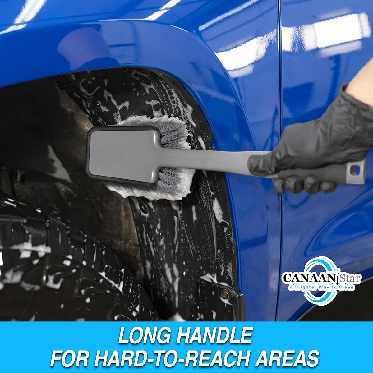 Car Wash Brush(Upgraded Design), 17" Long Handle, Flagged Bristles, Rubber-Protected Head, Non-Slip Ergonomic Grip for Tires, Undercarriage, Wheels, Grill, Fender Wells, SUVs & Cars