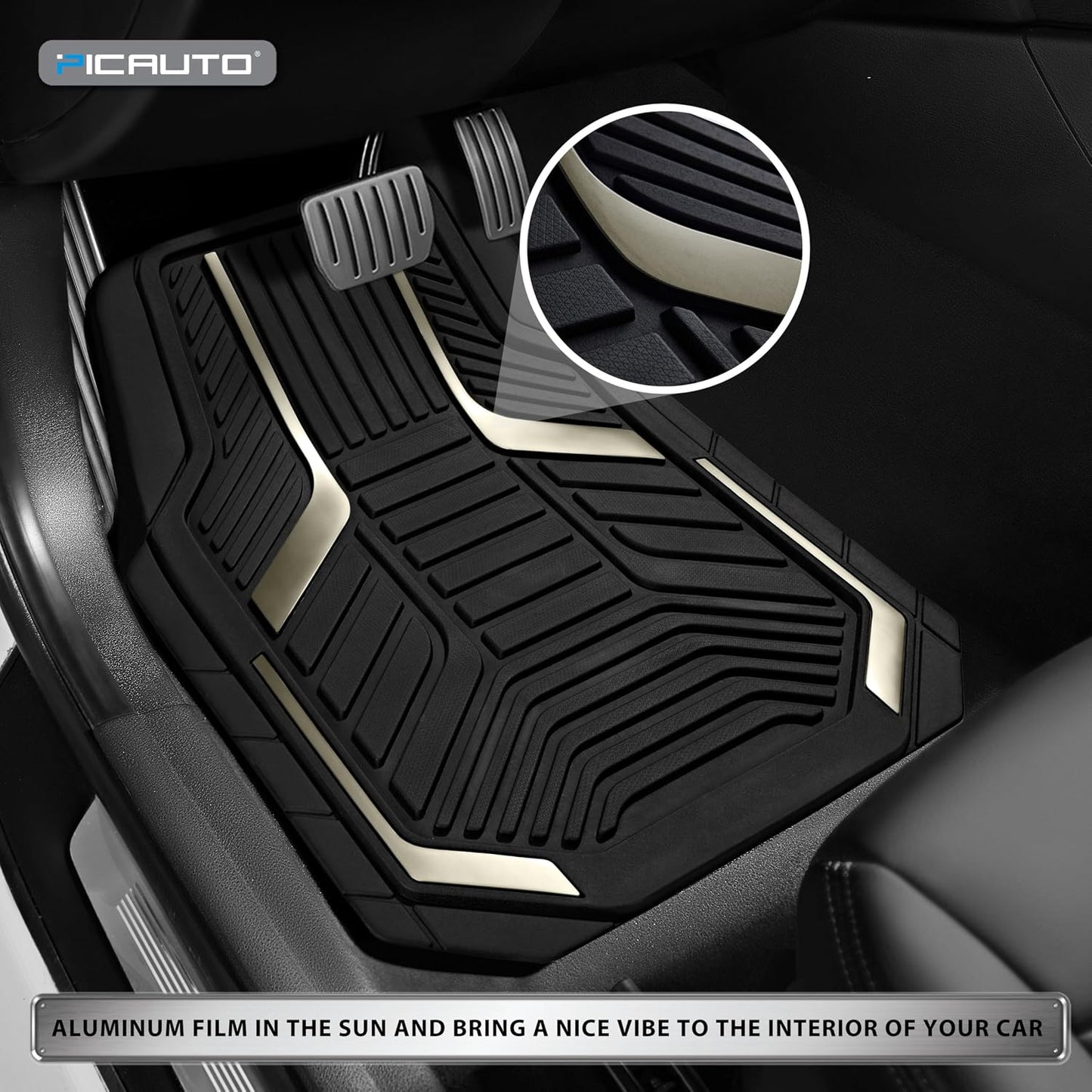 PIC AUTO Heavy Duty Rubber Floor Mats, Gray Aluminum Film Car Mats Set, Front and Rear Car Mats with Anti-Slip Backing, All Weather Protection, Trim-to-Fit for Automotive SUV, Sedan, Van