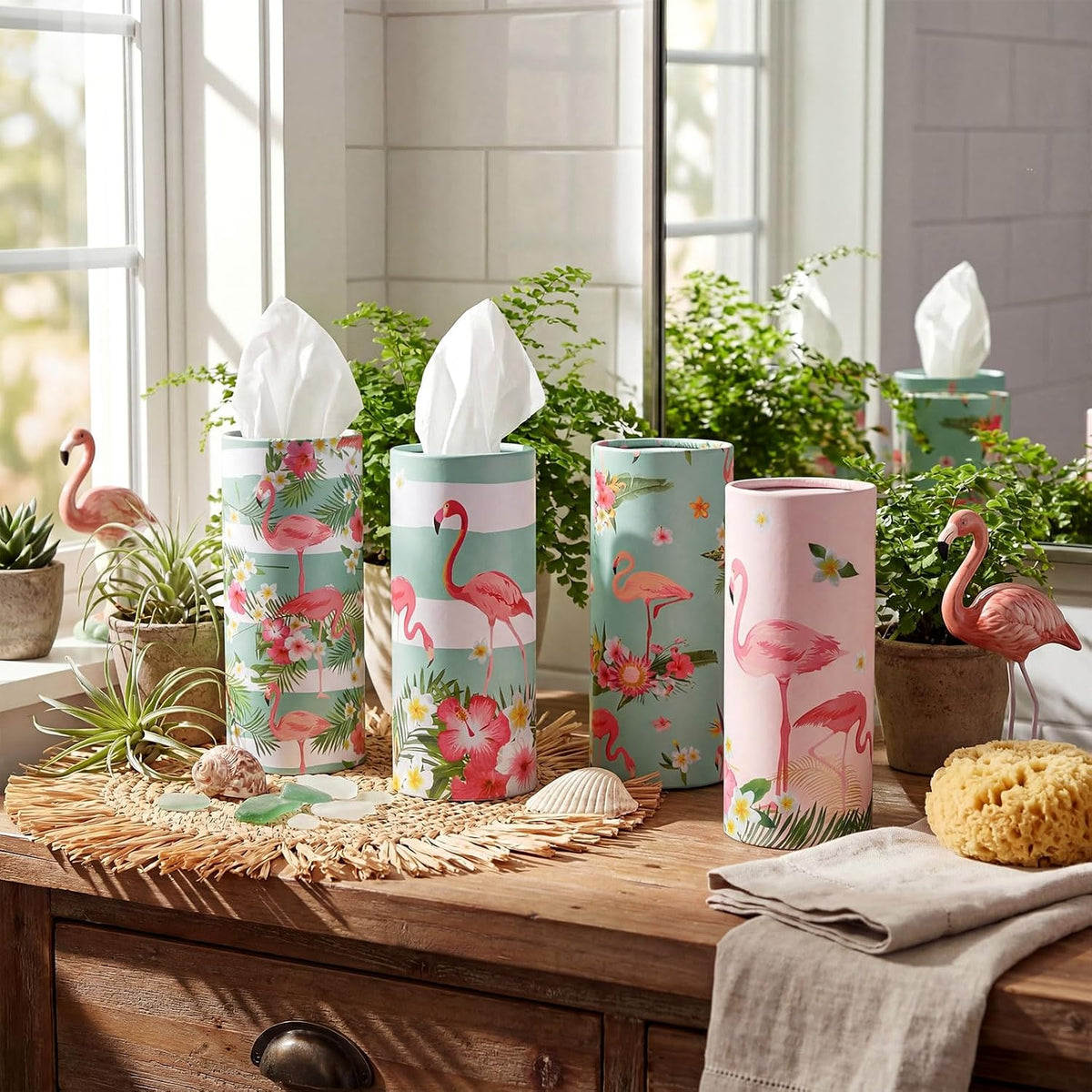 Fourluoo 12 Pack Flamingo Tissue Cylinder Holder Bulk with 3 Ply Facial Tissues Flower Flamingo Round Napkin Holders Cylinder Colorful Travel Paper Tubes Bulk Napkin for Summer Travel Bathroom Decor