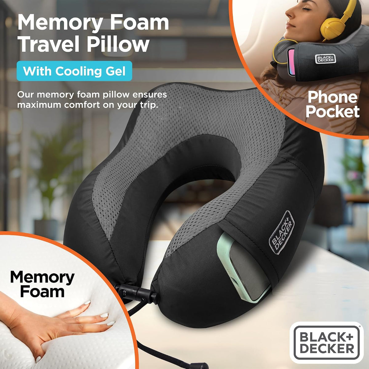 BLACK+DECKER Cooling Gel Memory Foam Neck Pillow – Travel Pillow for Plane, Car &amp; Train – Ergonomic Neck Support, Slow Rebound Memory Foam, Washable Cover, Universal Fit, Black