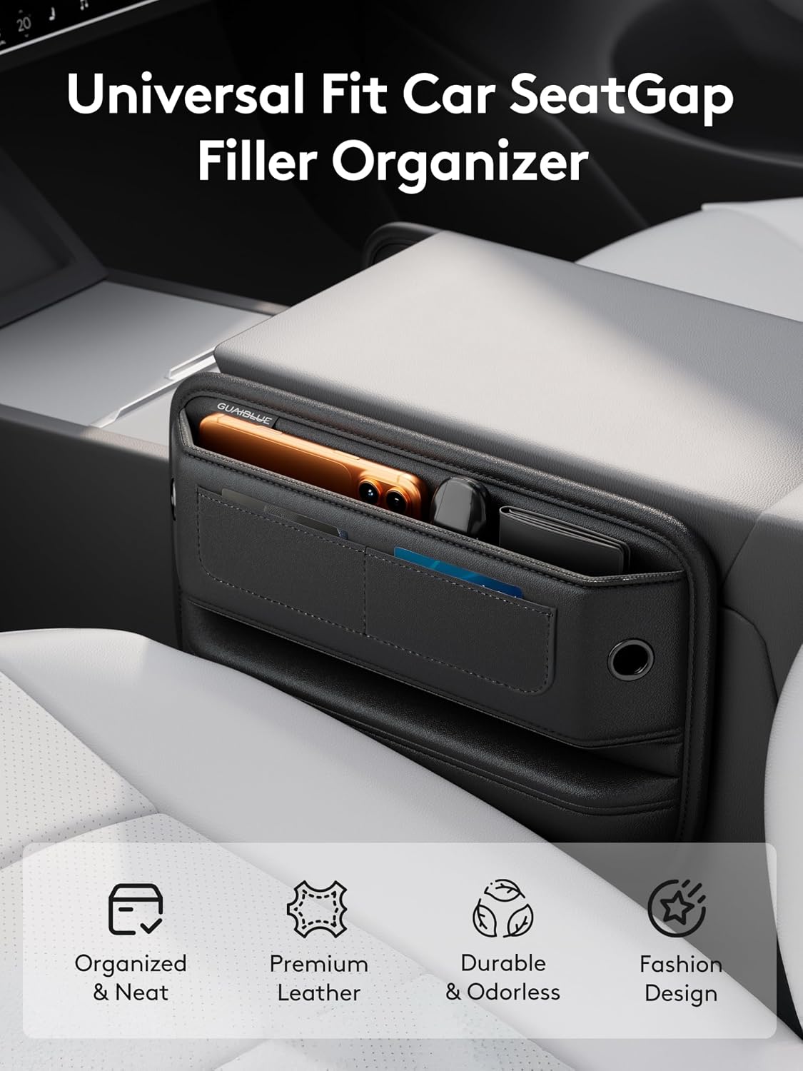2 Pack Car Seat Gap Filler Organizer with Sun Visor Organizer, PU Leather Seat Gap Filler for Phone, Keys, Cards & Sunglasses, Front Seat Storage Side Pocket for Cars SUVs Trucks