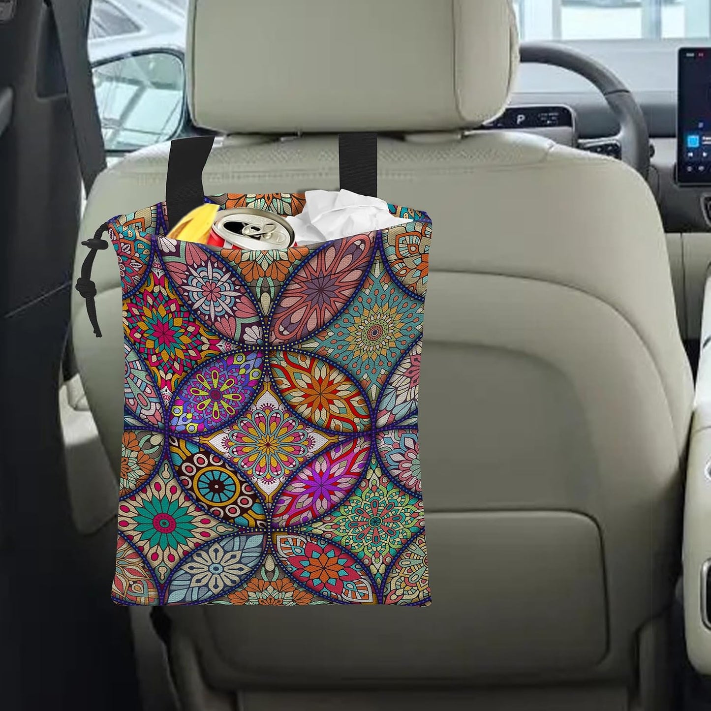Car Trash Bag Hanging Mandala Flower Car Trash Can Waterproof Garbage Bag Hanging for Car Back Seat