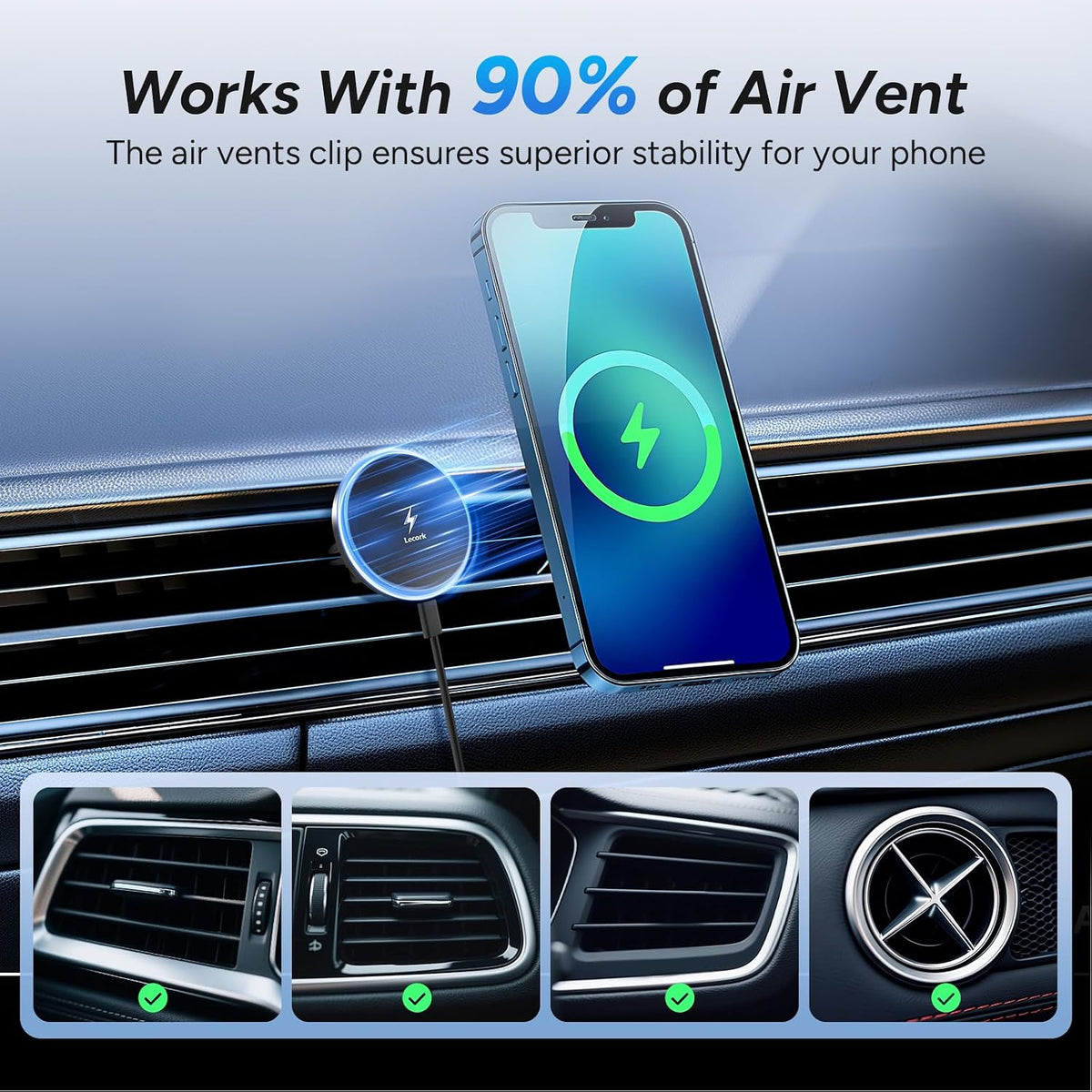 Lecork for Magsafe Car Mount, 15W Magnetic Wireless Charger for iPhone, Magsafe Air Vent Car Holder Charger for iPhone 16 Pro Max/16/15/14 13 12, Samsung S25/S25+/Ultra, RGB LED Design
