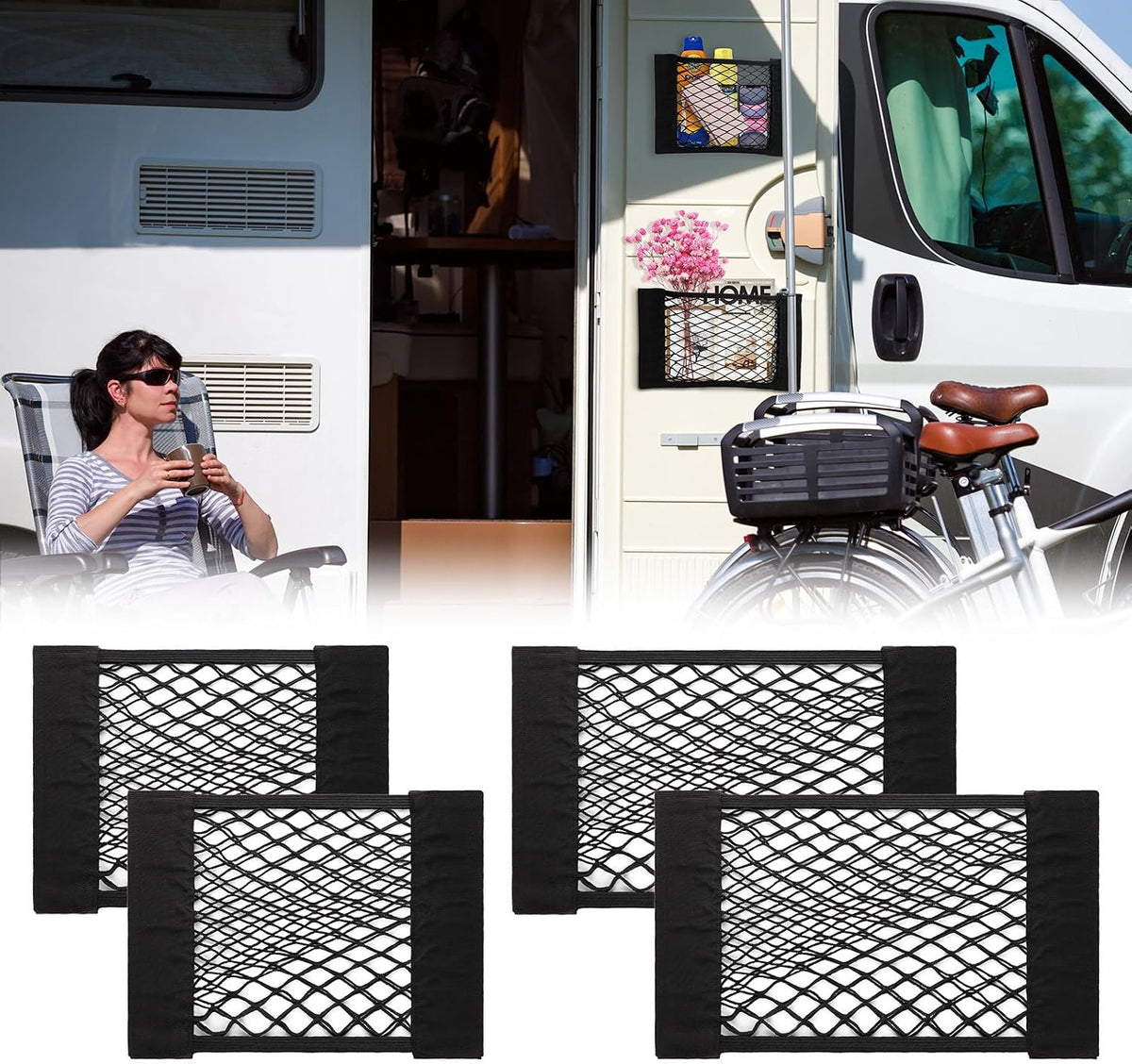 PIFOOG 4Pcs Car Storage Net Pockets, Stretchable Mesh Cargo Net Organizer with Adhesive Hook and Loop Strips, Universal Trunk Back Seat RV Camper SUV Truck Storage Pouch, 11.8" x 9.8" & 15.7" x 9.8"