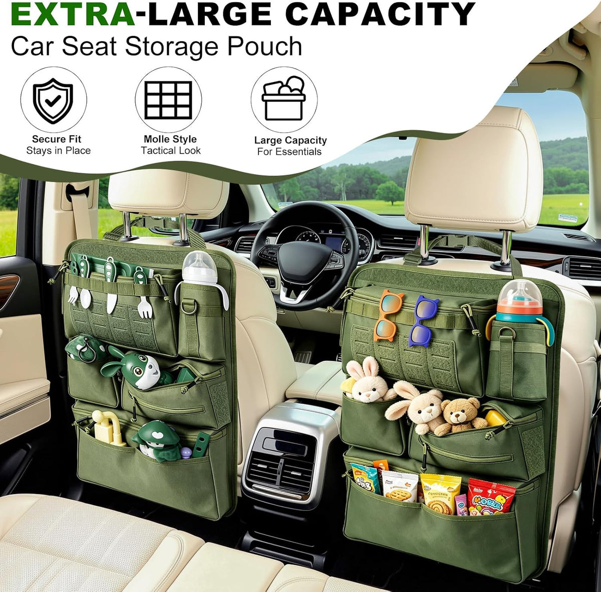 Car Seat Back Organizer with 7 Storage Pockets, Army green