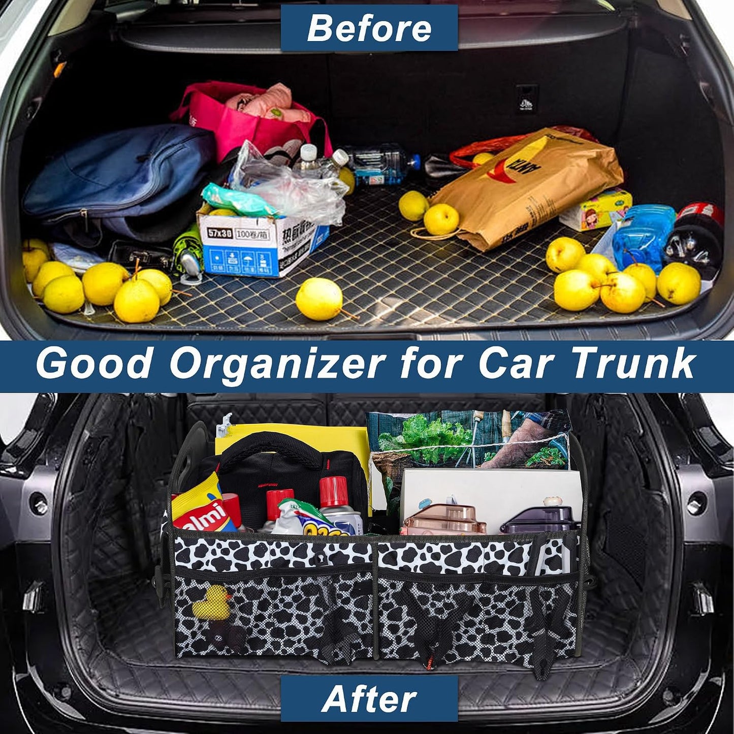 Deosk Trunk Organziers and Storage with Reinforced Handles,Car Accessories for Women/Men 50L Waterproof Polyester Trunk Organzier for Car/SUV/Minivan/Truck(Medium, Cow print)