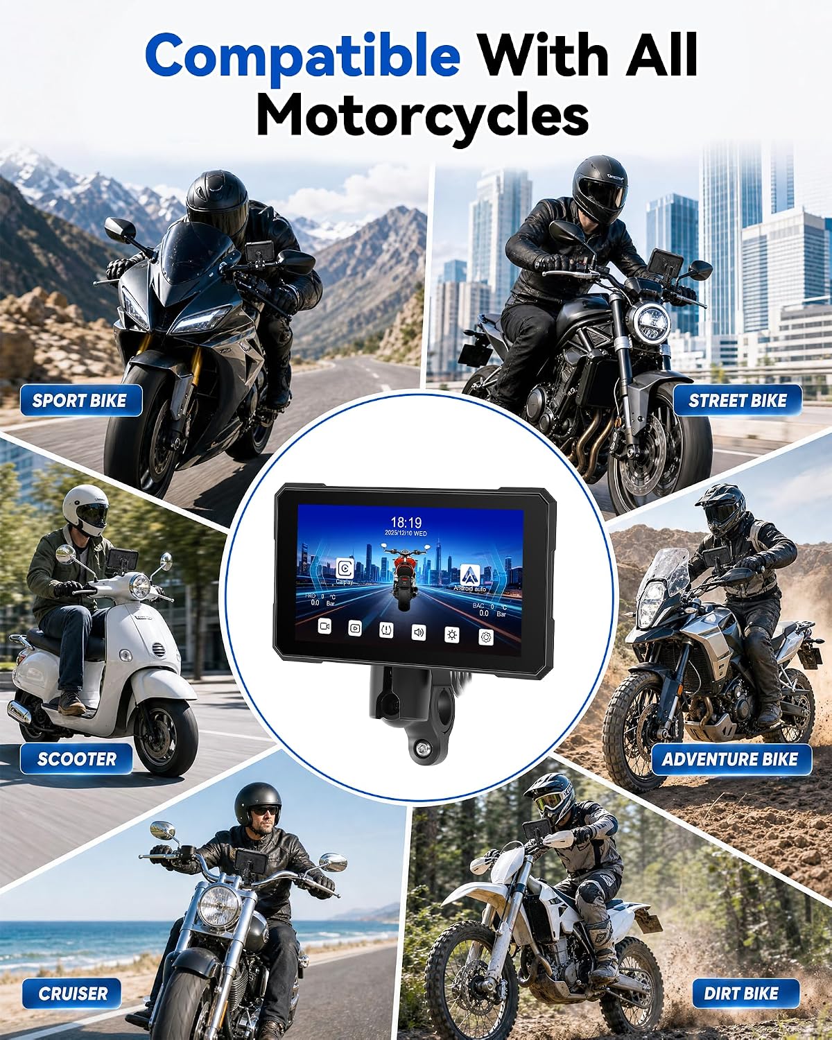 UNITOPSCI 5'' Motorcycle CarPlay Screen, Motorcycle with Dual 1080P Dash Cam, Supports Wireless A-pple CarPlay Android Auto Screen with GPS Navigation Moto Bluetooth IP67 Waterproof