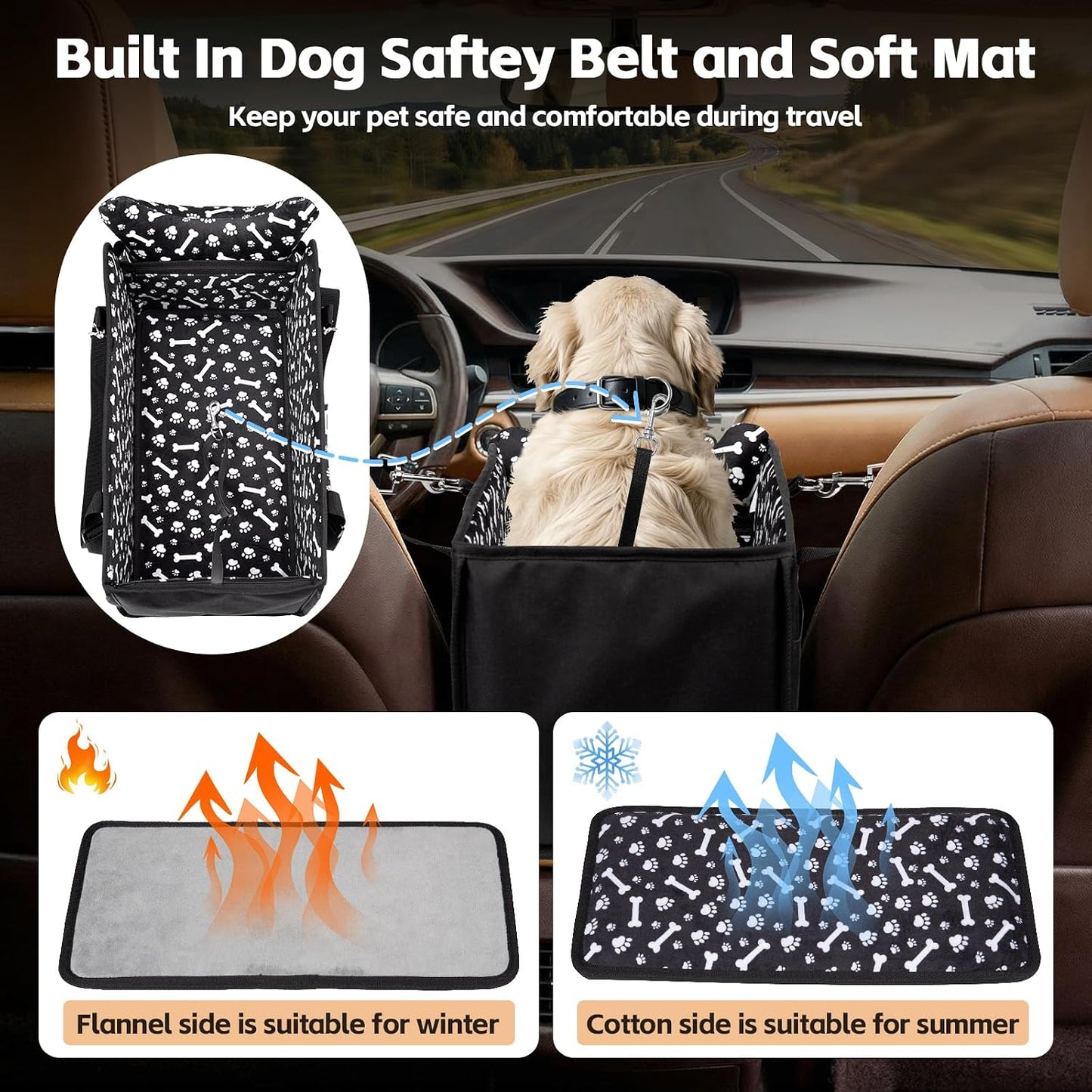 Center Console Dog Car Seat, Portable Pet Cat Puppy Booster Armrest Carseat, Anti-Collapse Pet Car Seat with Safety Leash, Adjustable Straps, Storage Pockets, Support Pet Up to 15lbs (Black)
