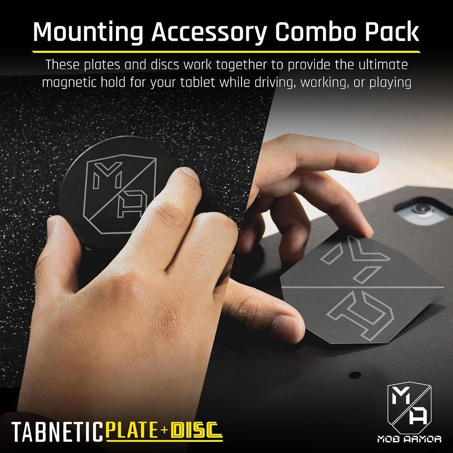 Mob Armor TabNetic Combo Pack - Magnetic Tablet Mounting Solution with Heavy Duty Metal Plate, Adjustable Mounting Disc and Strong 3M VHB Non-Marking Adhesive Magnet Stickers for Car Tablet Mount