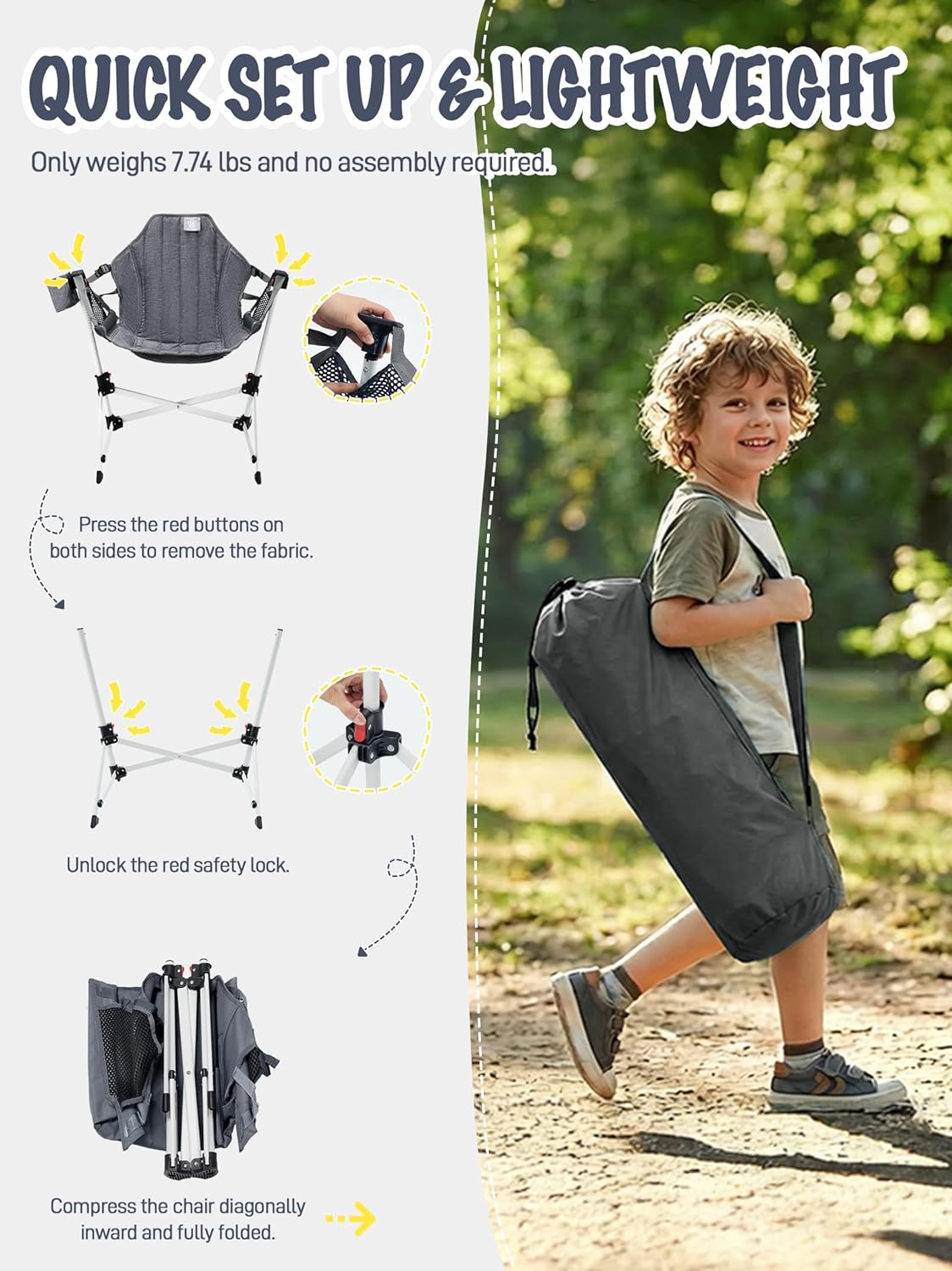 EVER ADVANCED Kids Hammock Chair Foldable, Kids Camping Chair with Stand Portable, Hammock Swing Chair with Cup Holder, Child Camping Gear Carry Bag for Traveling Outdoor Patio Supports 125LBS Grey