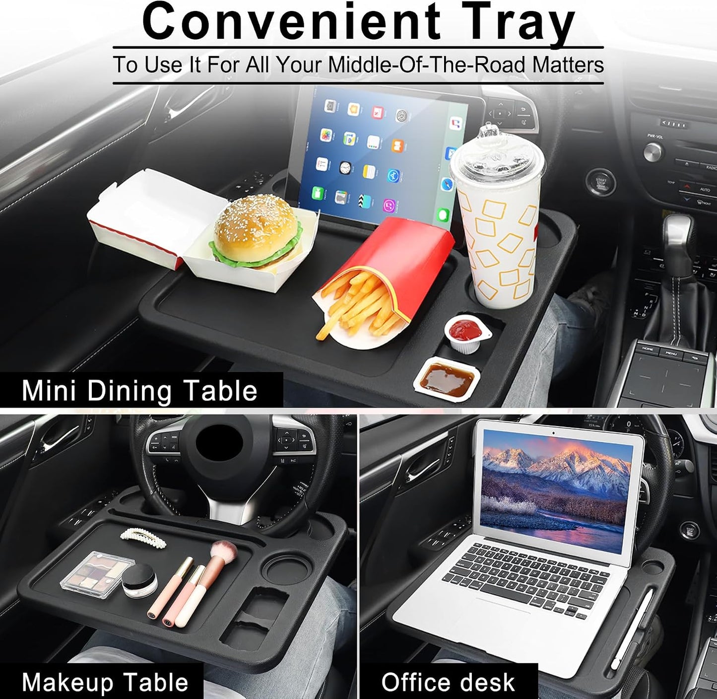 JUSTTOP 4 In 1 Car Steering Wheel Desk for Laptop,Versatile Upgraded Car Seat Tray, Spacious Steering Wheel Table With Tablet Holder and Dual Sauce Racks,Steering Wheel Under Table Console (Large)