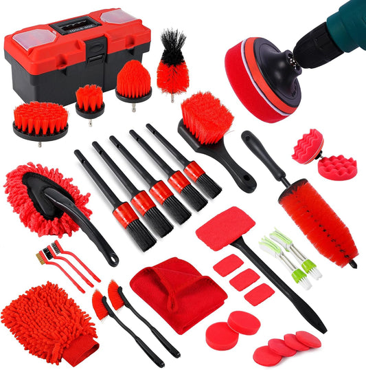 35Pcs Car Detailing Kit & Car Cleaning Kit, B：35PCS-R | Windshield Tool, Long Wheel Brush & 2 Angled Brushes, 4 Polishing Pads & 4 Wax Pads, Red Tool Box, Gift for Men