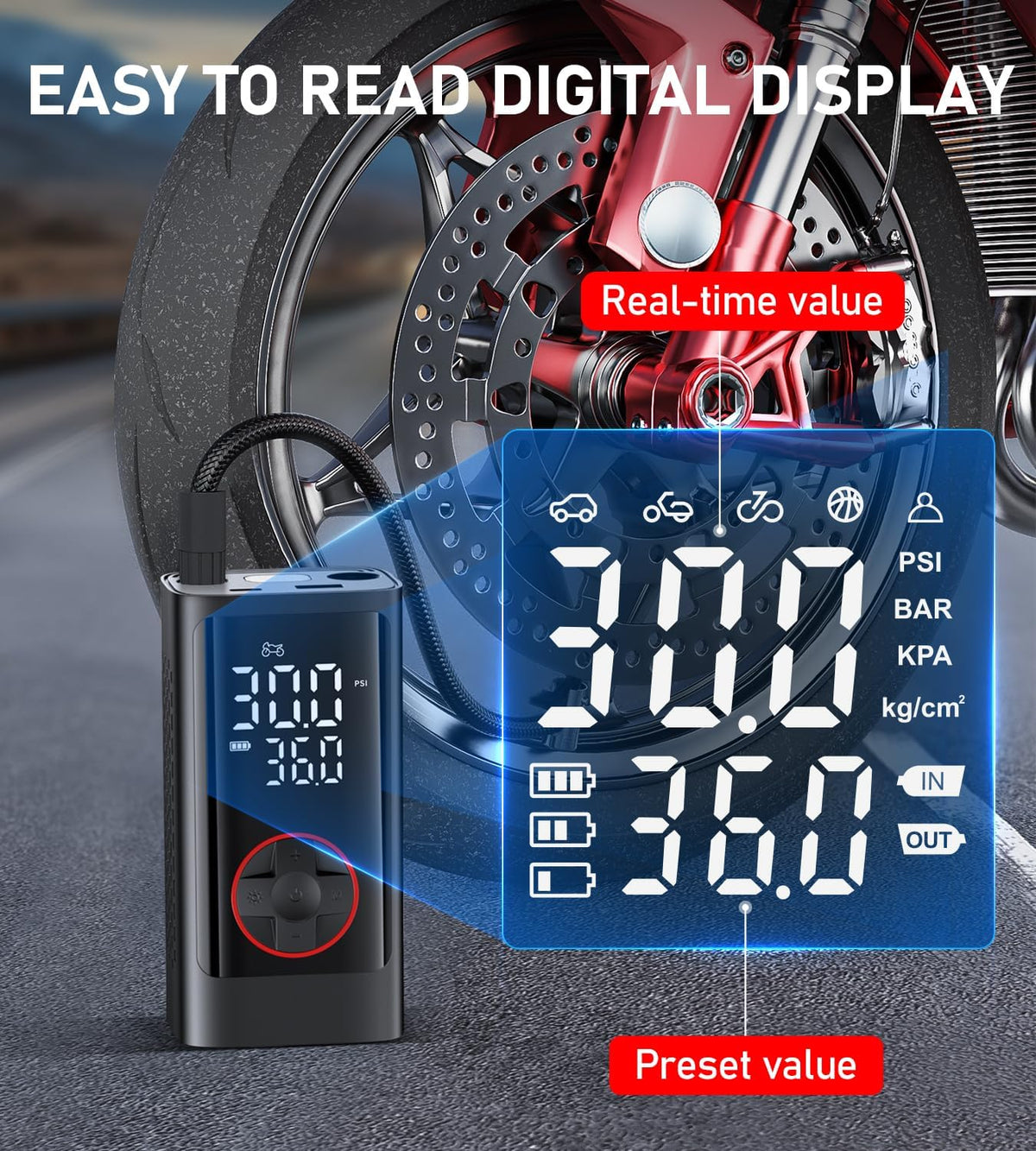 Tire Inflator Portable Air Compressor, 150PSI Cordless Air Pump for Car Tires, Bike Tire Pump with Pressure Gauge, Auto Shut Off, LED Light for Car Motorcycle Bicycle