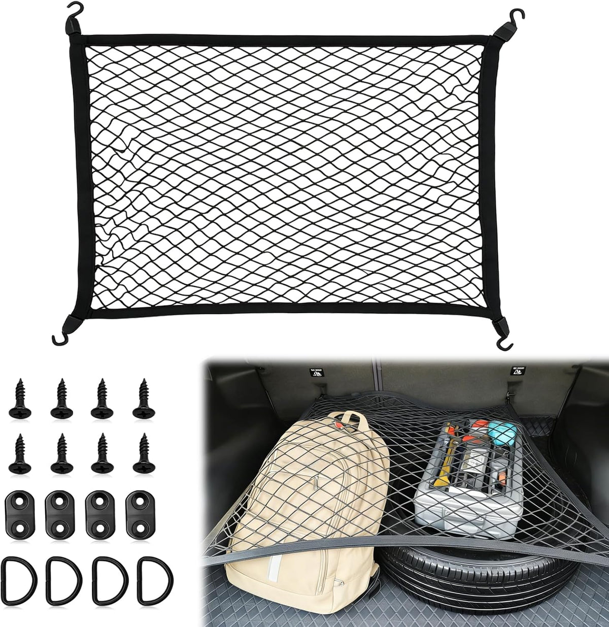 Highly Elastic Cargo Net for SUV Rear Trunk, Stretchable Storage Organizer Net for Car, Mesh Organizer 23.62" x 31.49" Stretch to 47"x 63" w/D-Rings Luggage, Fixing Hooks