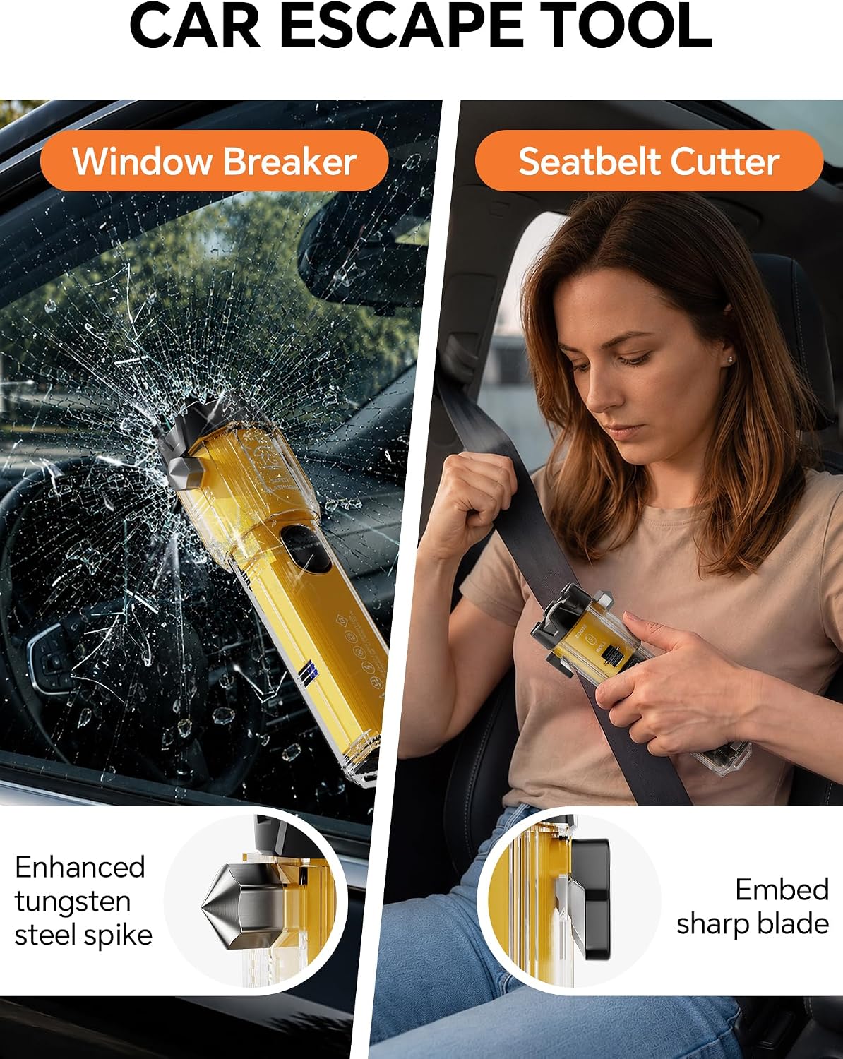 Emergency Flashlight for Car, Seatbelt Cutter Window Breaker, 3000 LM Flashlight Multifunctional Safety Tool—Glass Hammer/Bright Solar Torch/USB-C Rechargeable/Rescue Alarm & Beacon/Repair Magnet