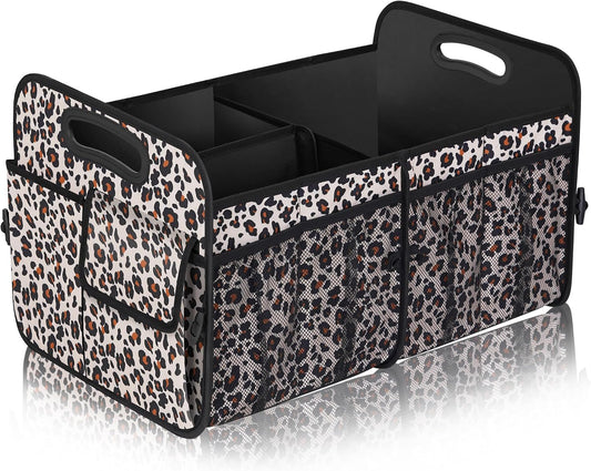 Femuar Car Trunk Organizer, Large Capacity Collapsible Trunk Storage with 11 Pockets, Waterproof, Non-Slip, Suitable for Car, SUV, Truck, Van, Jeep, Sedan, Leopard Print