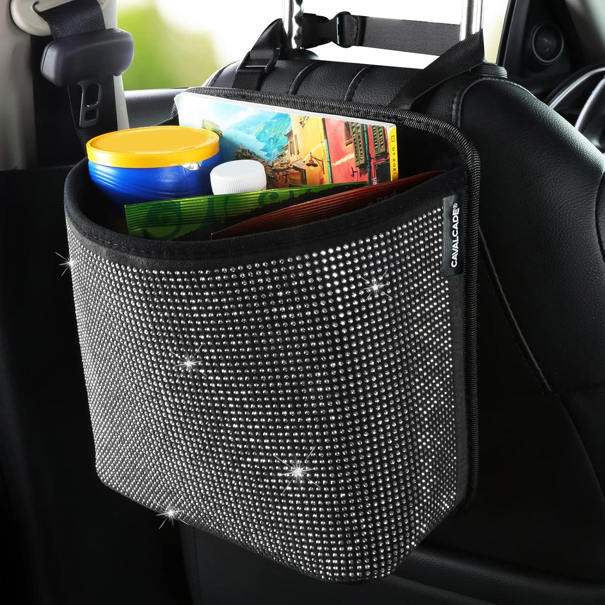 Cavalcade Car Back Seat Organizer, Bling Hanging Pocket, Large Seat Back Travel Caddy Bag, Diamond Trash Bin Garbage Container (White)
