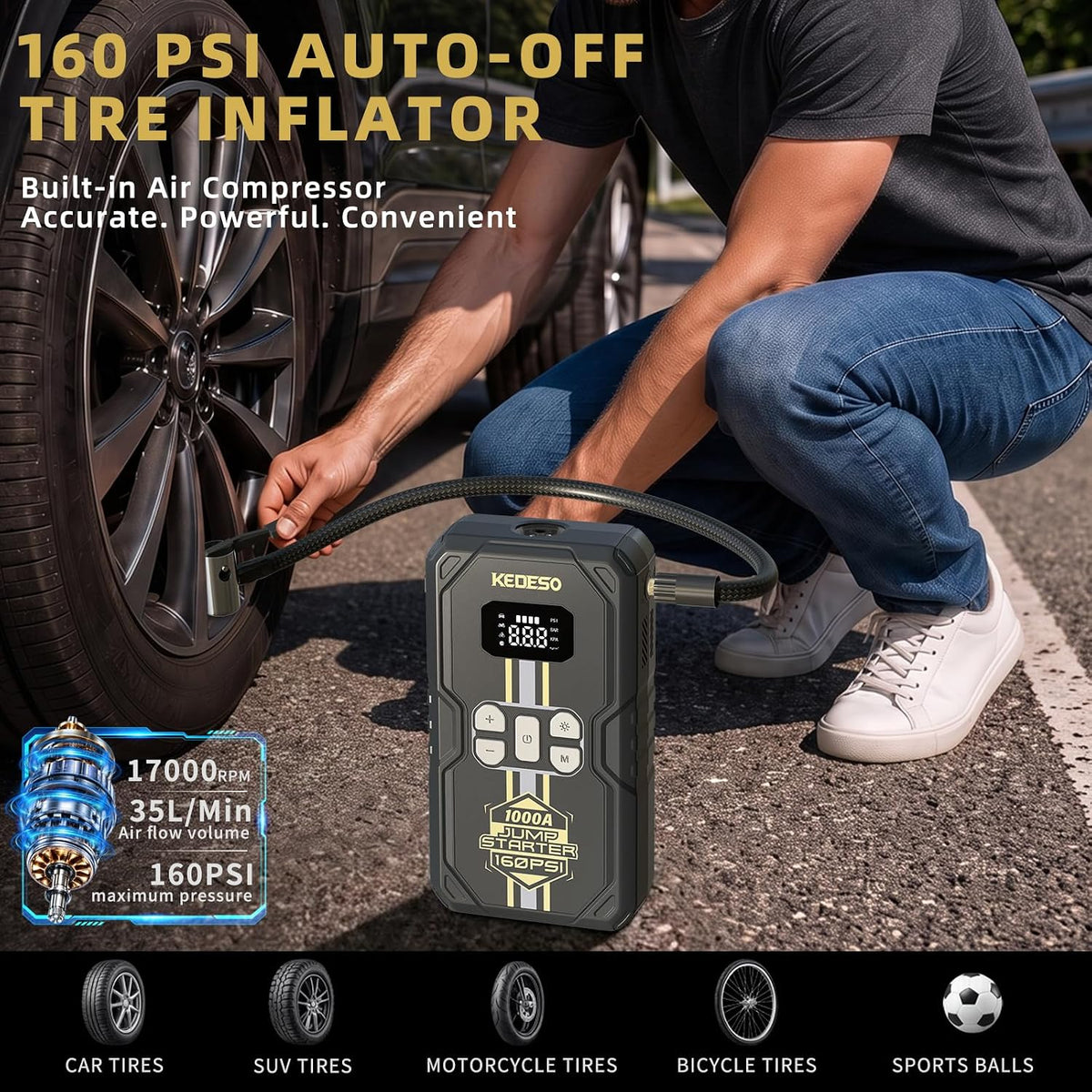 Car Jump Starter with Air Compressor 160PSI,Portable Battery Jumper Starter