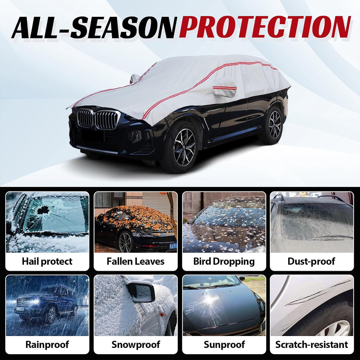 Half Car Cover for Snow, Windshield Cover for Ice and Snow with Cotton Liner, Hail Protector Car Cover Waterproof All Weather for Snow, Sun, Rain, Dust, UV Protection Fit SUV M