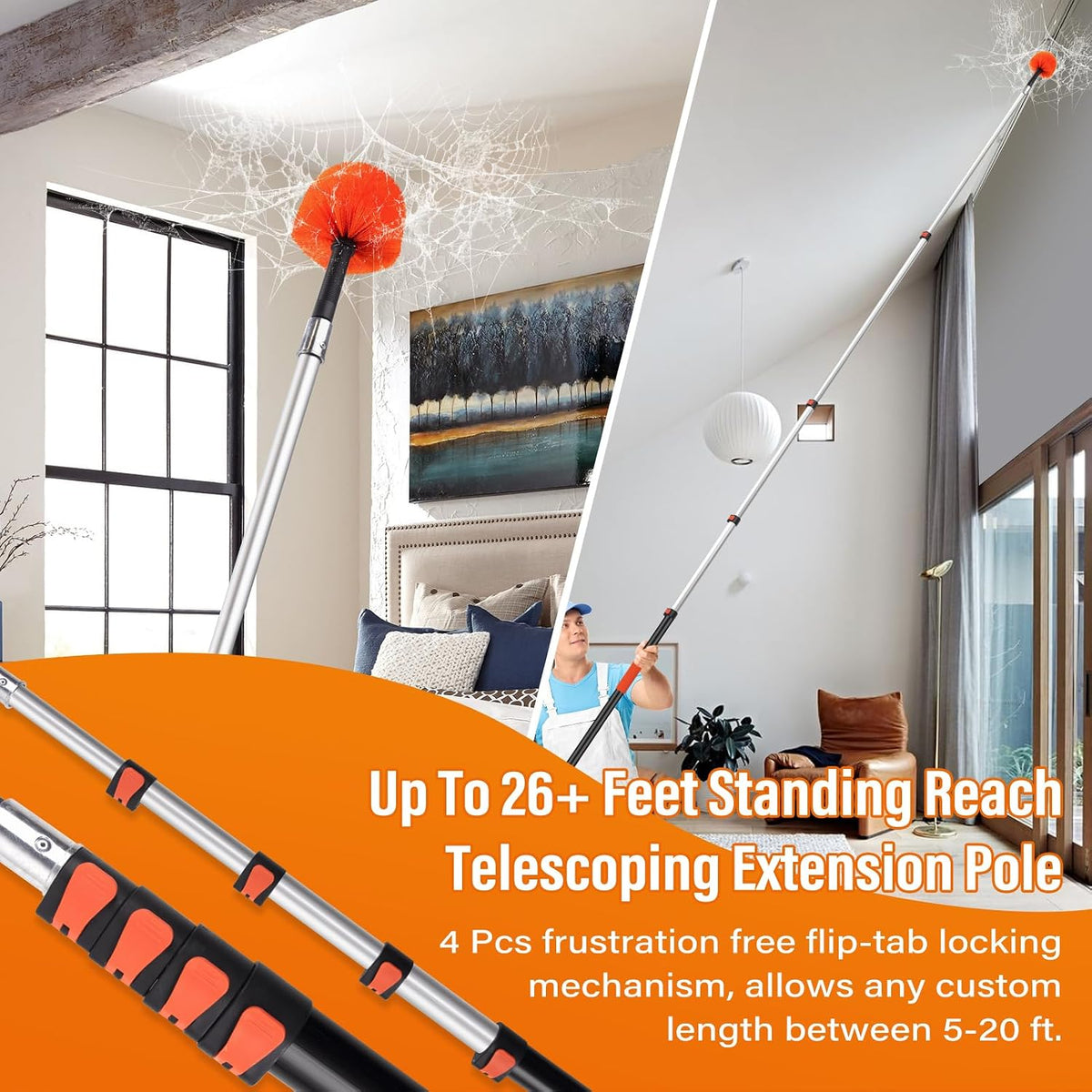 26 FT Cobweb Duster with Extension Pole,Spider Web Brush