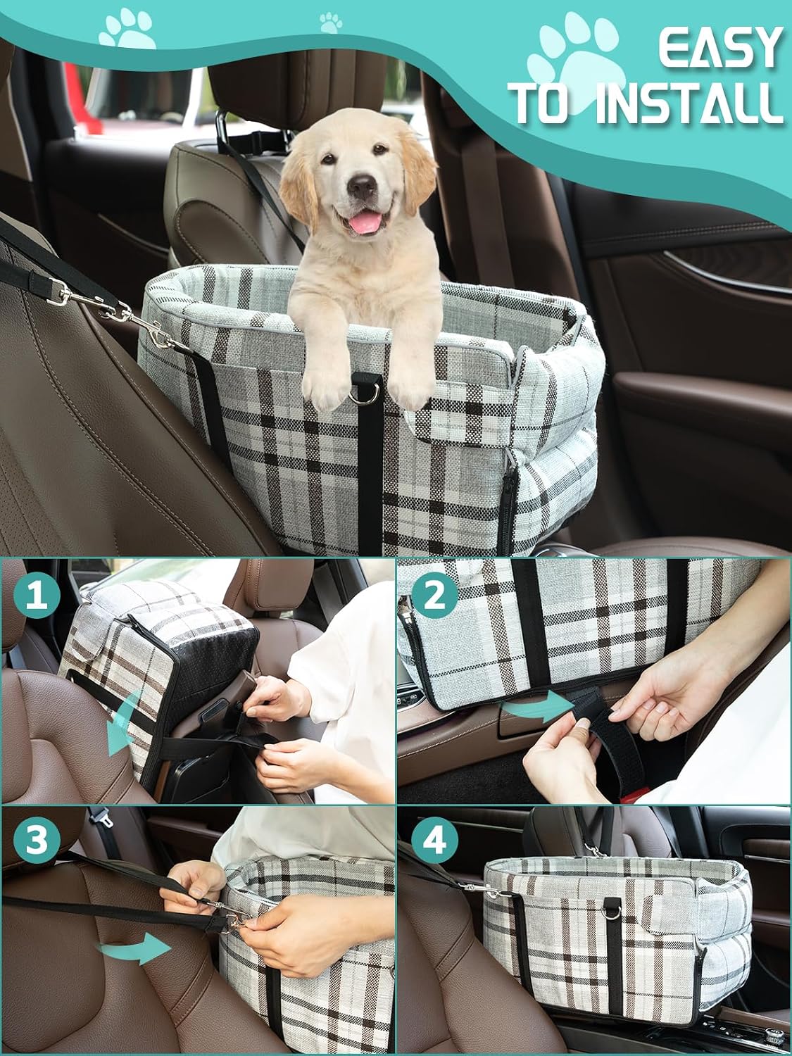 Prpeko Small Dog Car Seat, Portable Dog Seat with Soft Washable Cushion,Center Console Dog Car Seat for Small Dogs Up to 13lbs(Grid Grey)