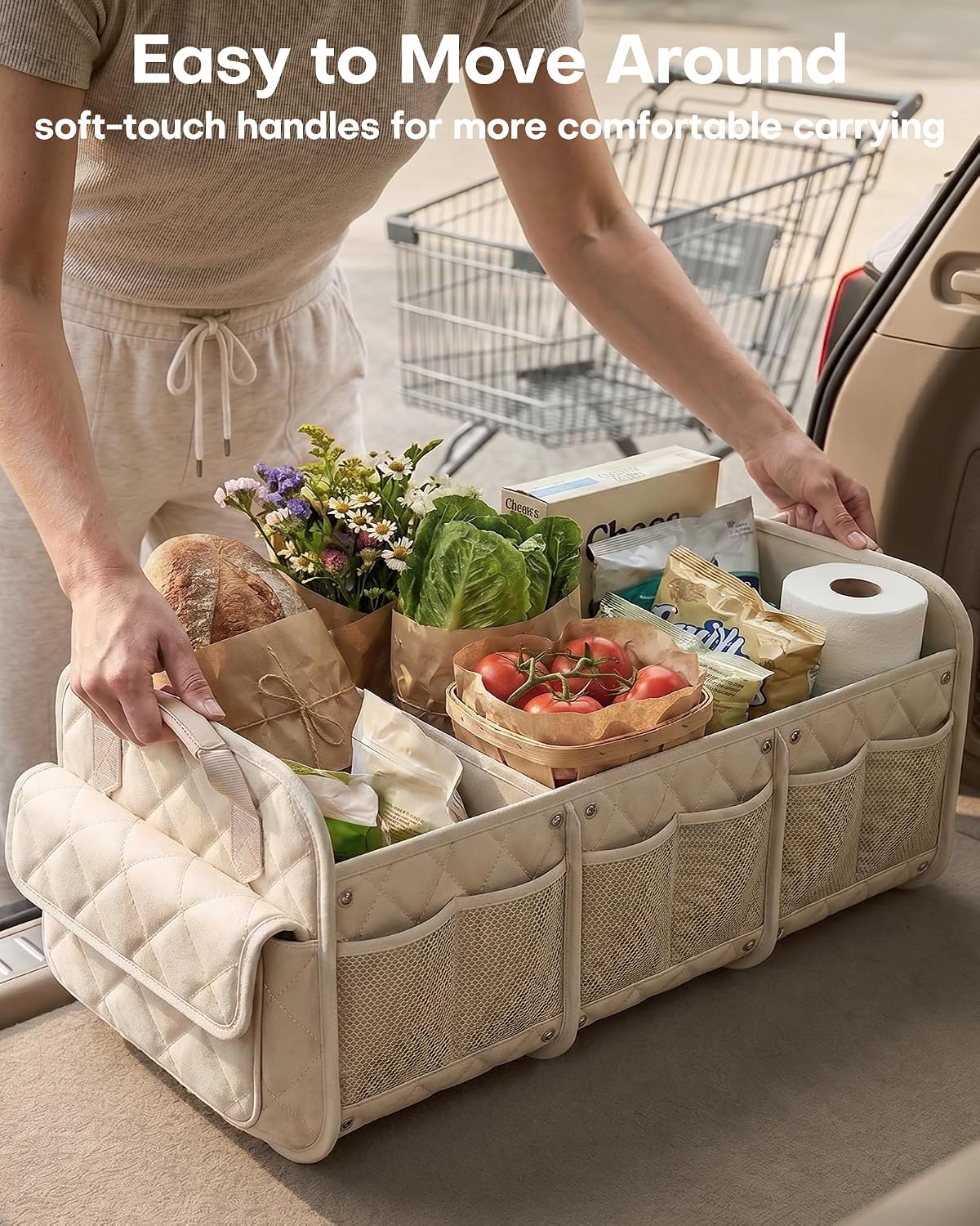 HOTOR Car Trunk Organizer for Women & Men Foldable SUV Storage Accessories | 3 Compartments, Road Trip, Camping, Shopping, for Tools & Outdoor Storage, Fits Truck, Van, Sedan, Beige, 32.3" x 12.8" x 11"