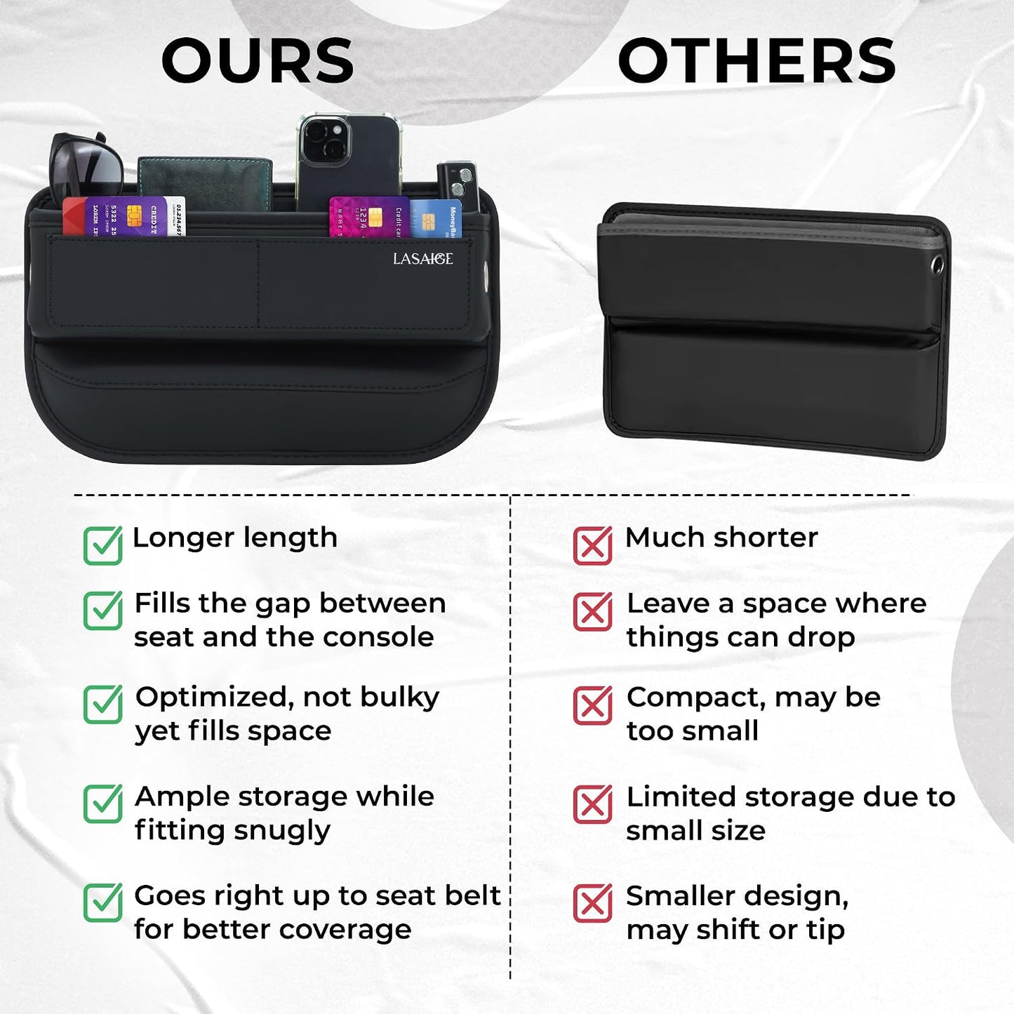 Car Seat Gap Filler Organizer (Black) -Soft PU Leather Car Seat Gap Filler Organizer - Gap Filler For Car w/ Pockets & Large Compartment - Slip-Resistant Between Seat and Center Console