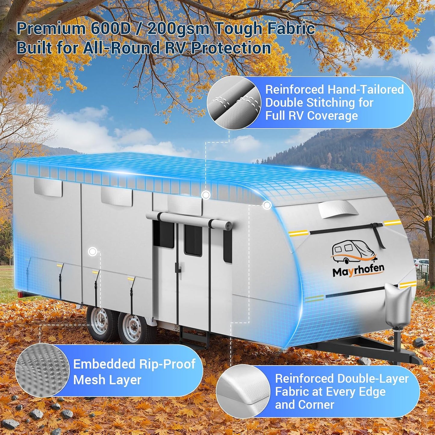 600D Oxford Fabric RV Cover 18-20ft Travel Trailer Cover, 6 Layers Waterproof Rip-Resistant Anti-UV Motorhome Camper Cover with Tongue Jack Protection, Tire Covers, Windproof Straps