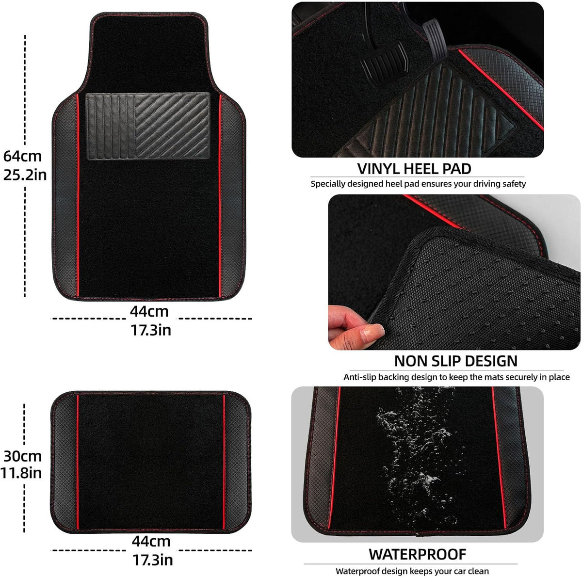 NBTEPEM Waterproof Universal Fit Car Floor Mats, Faux Leather Sporty Car Carpet Mats with Anti-Slip Nibbs Backing & Driver Heel Pad Fit for SUV, Vans, Sedans, Trucks, Set of 4 (Black with Red line)