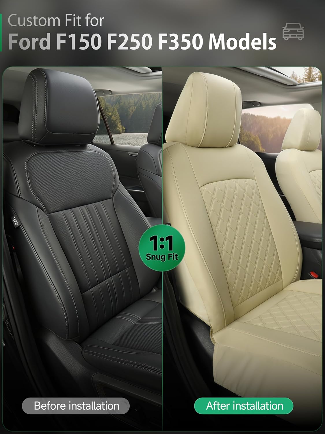 GIANT PANDA Front Car Seat Covers for 2009-2026 Ford F150,2017-2026 F250 F350 Super Duty Crew Cab SuperCrew SuperCab Pickup Trucks,Faux Leather 2-Pack (Solid Beige)