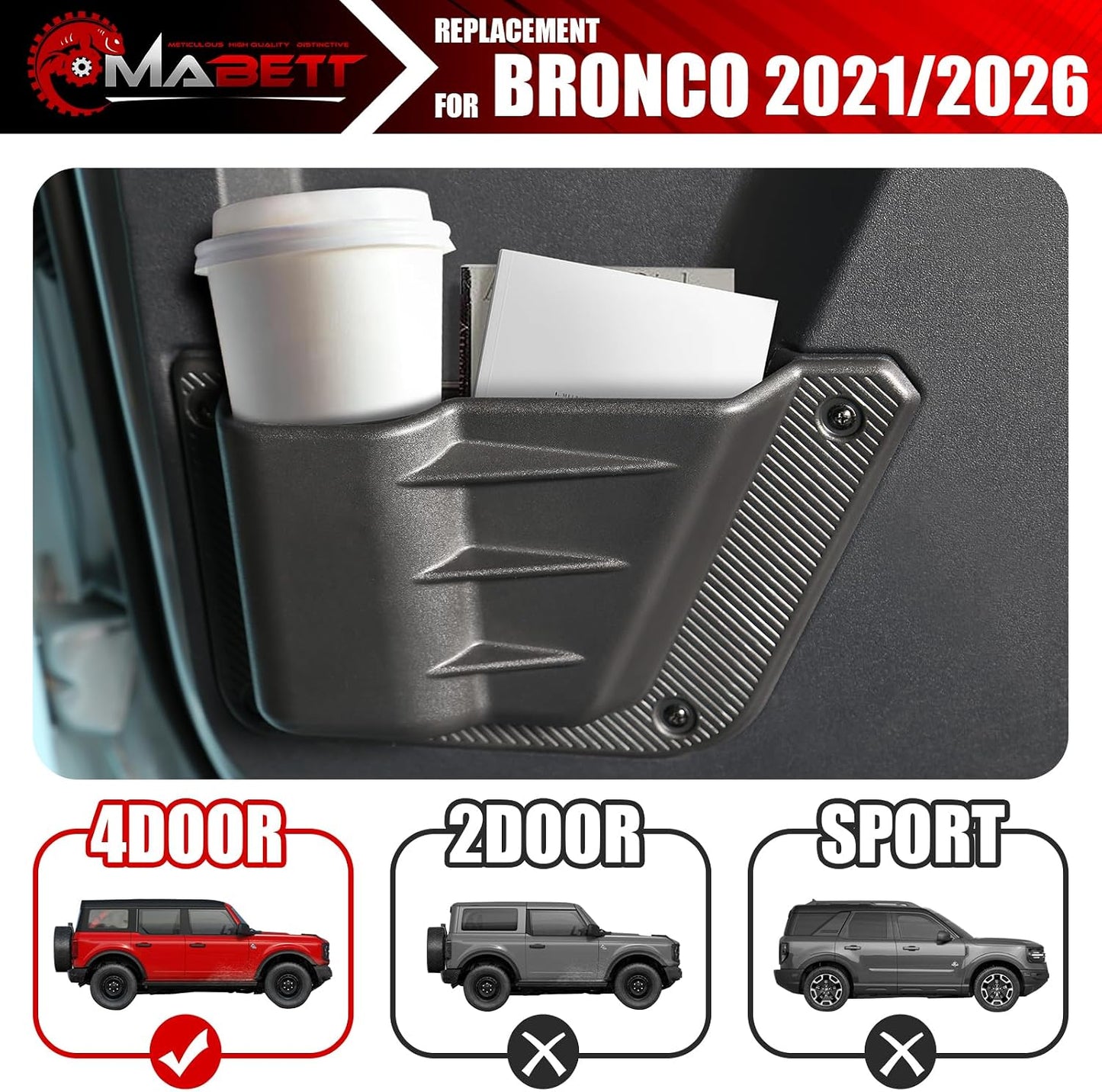 Mabett Rear Door Pocket for Ford Bronco Accessories 2026 2021-2025, Side Door Storage Box fit Bronco 4-Door, Drilling Required, Black