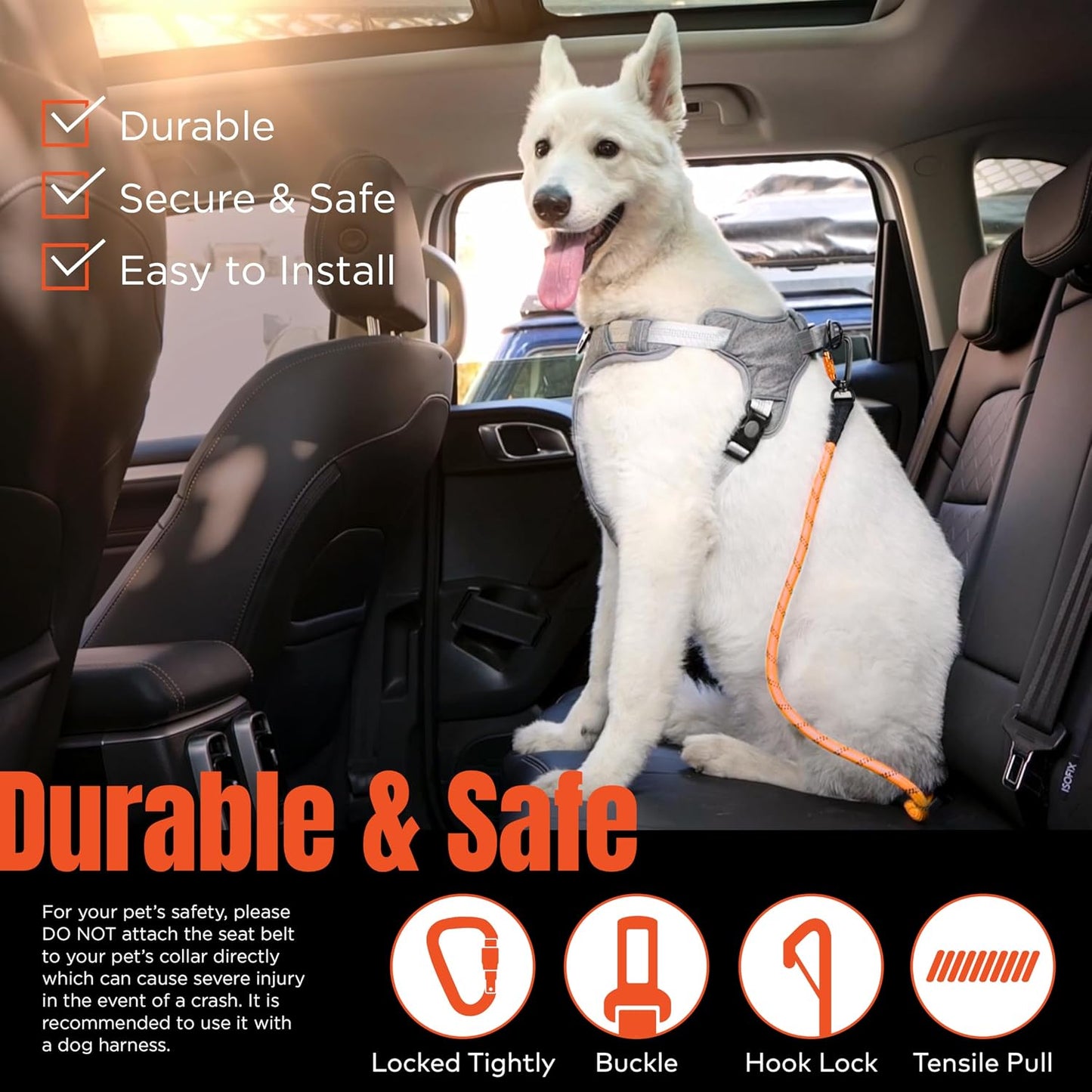 Dog Seat Belt for Car | Universal Pet Car Seatbelt with Reflective Climbing Rope, Aviation Aluminum Carabiner with 360° Swivel & Auto-Lock, Secure Safety Restraint (Sunset Orange 360°)
