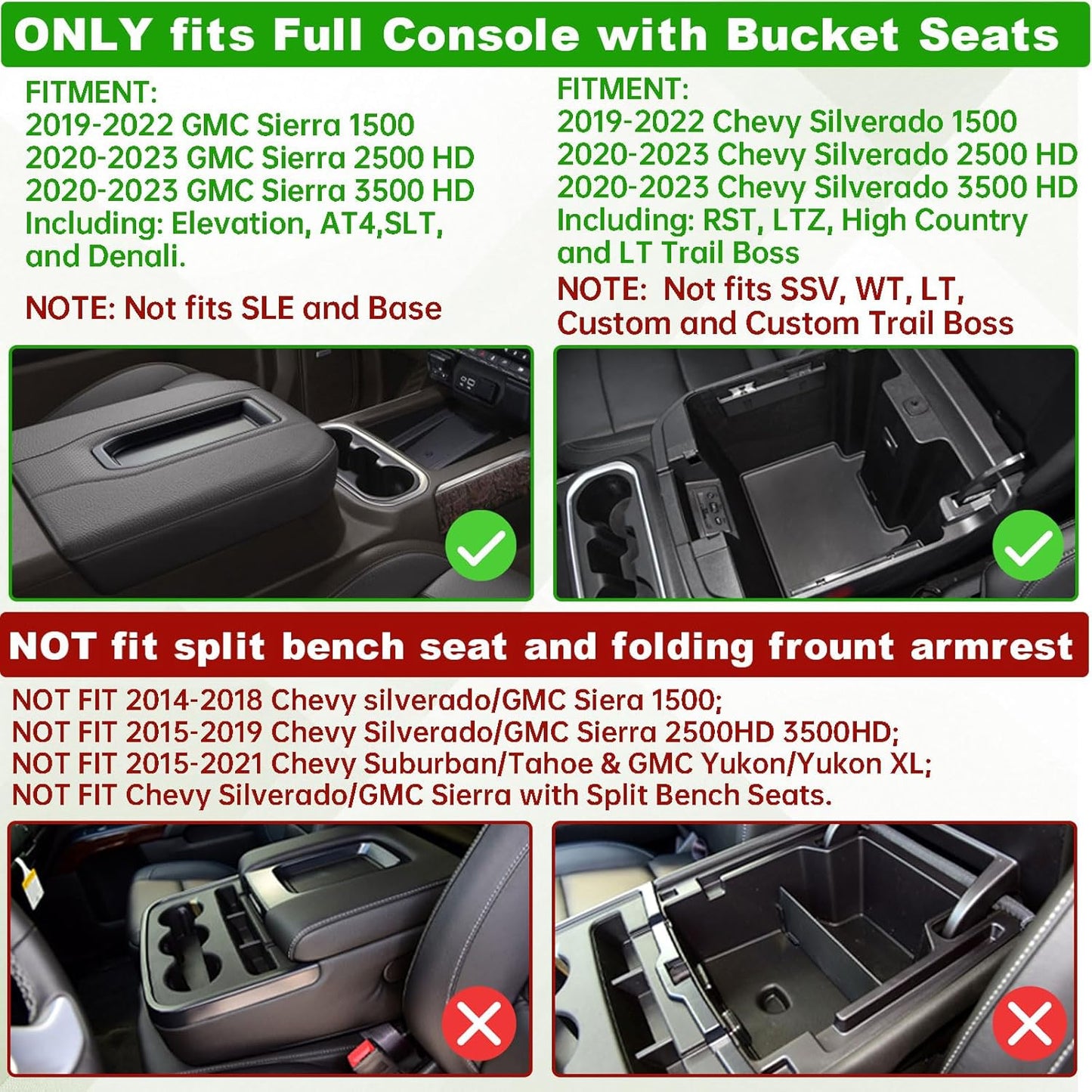 HGWEI Center Console Hidden Compartment Organizer Compatible with (2019-2022) Chevy Silverado/GMC Sierra 1500 and (2020-2023) 2500HD/3500HD Accessories Armrest Storage Tray - Full w/Bucket Seats ONLY