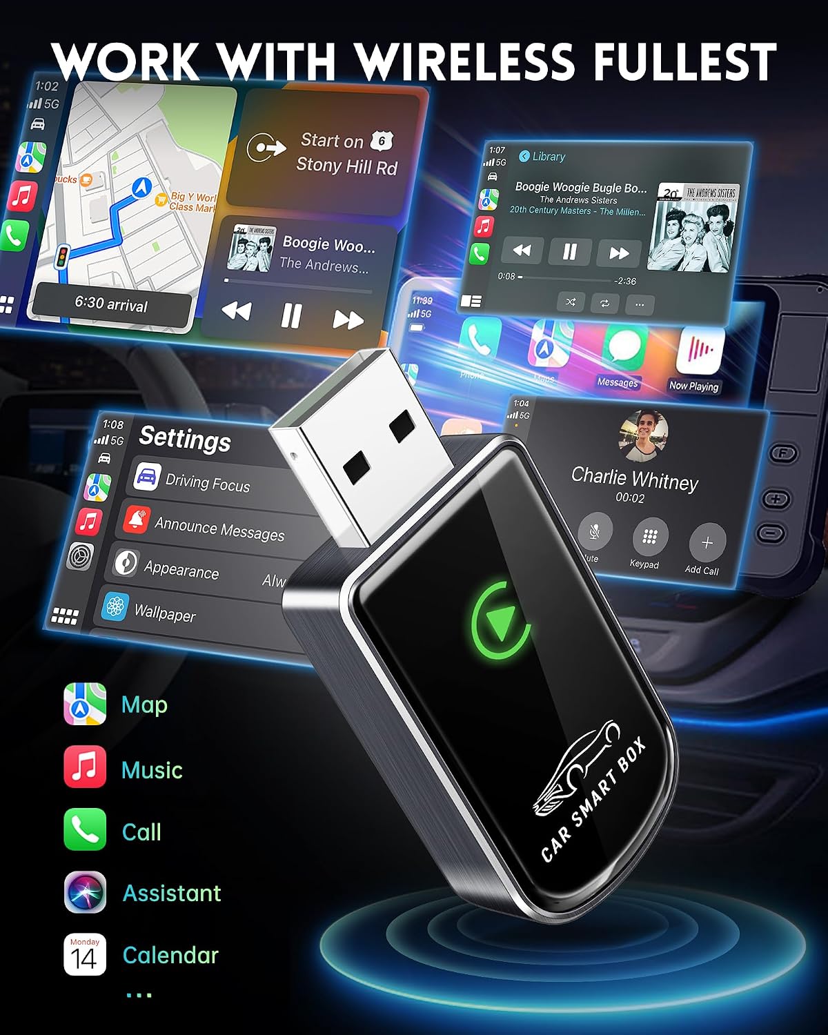 Amzfeel Wireless Carplay Adapter for iPhone, Mini Bluetooth Dongle Convert Factory Wired to Wireless Apple Car Play Plug & Play, Low Latency, GPS for iOS 10+ & Cars 2015+ (Brushed Glossy Grey)