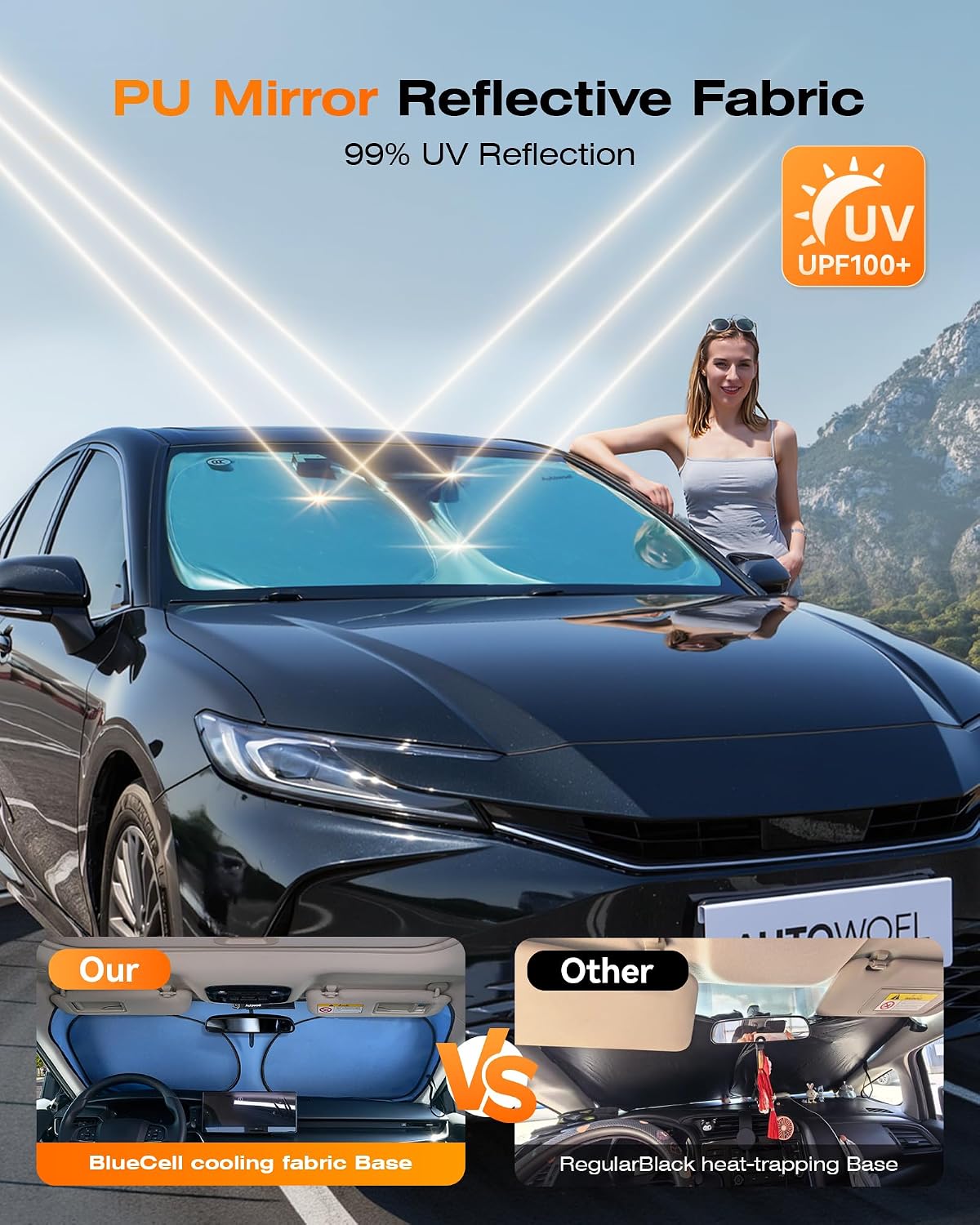 Titanium Silver Car Windshield Sun Shade, Reflective Cooling Shade 64"x 32"