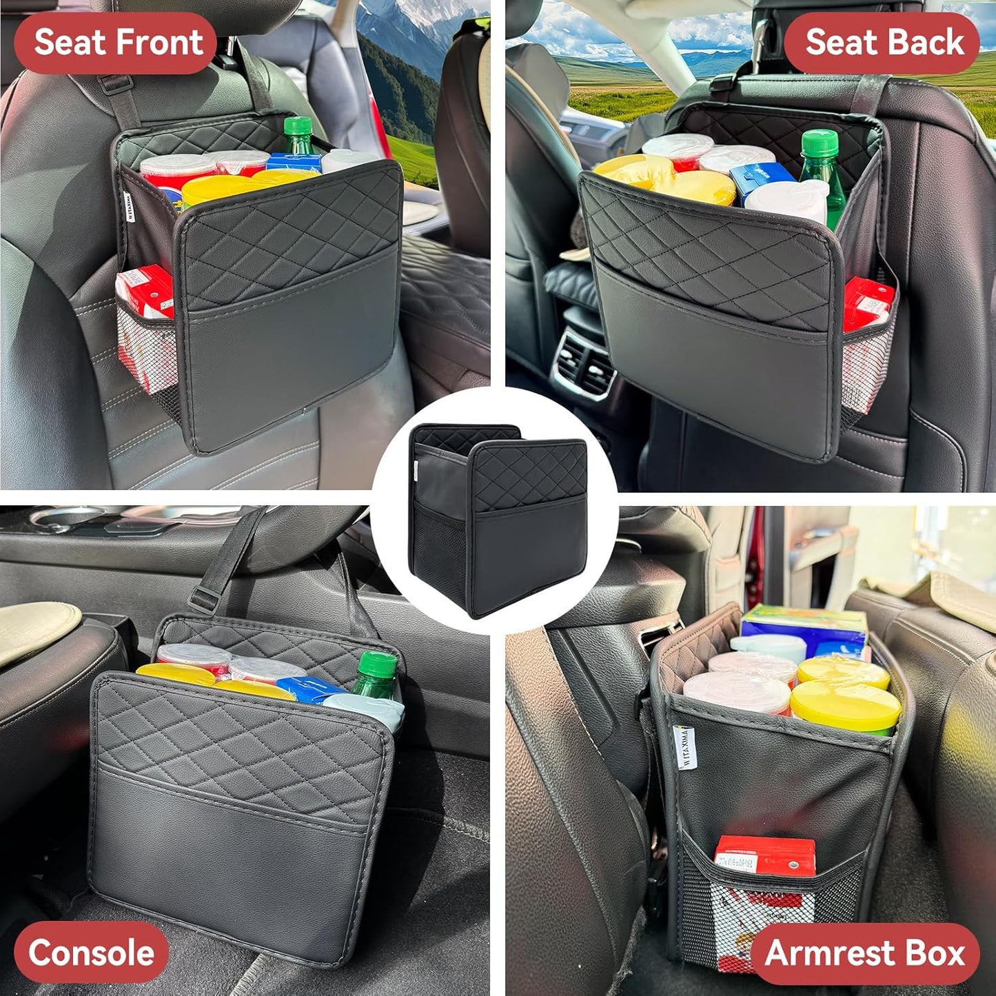 Witaxima 2 Pack Upgraded Car Seat Organizer Backseat with Storage Pockets, Multipurpose Car Organizer Hanging Car Trash Bag Premium PU Leather Garbage Can 2.14 Gallon Large Capacity Accessories Black