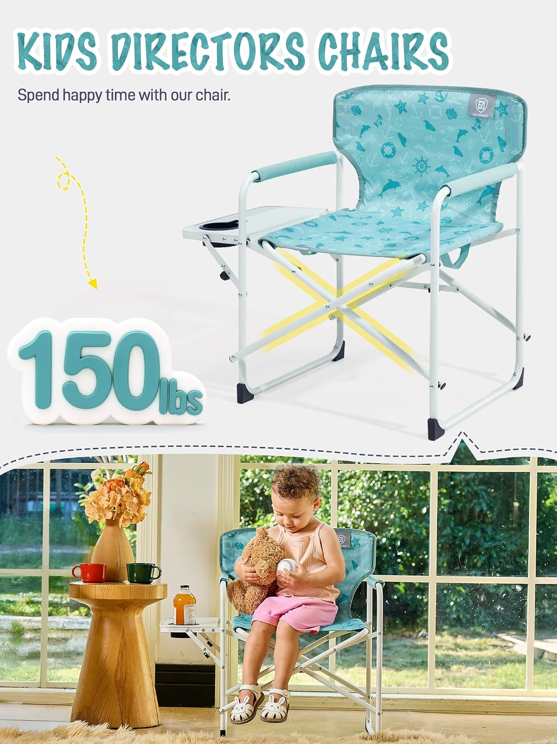EVER ADVANCED Kids Directors Chair with Side table for Camping, RV & Sports, Padded Kid Outdoor Seat with Safety Lock, Lightweight Portable Camp Chairs for Beach, Balcony, Patio, Supports 150lbs Green