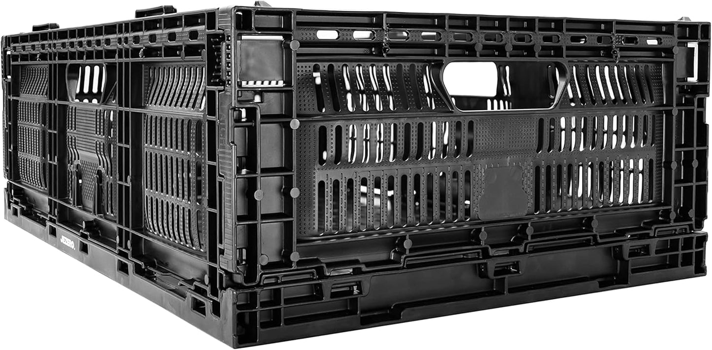 JEZERO Medium Collapsible Plastic Storage Crate – Stackable Utility Bin with Folding Walls for Garage, Closet, Car Trunk, and Home Organization | Black, 24" x 16" x 8"