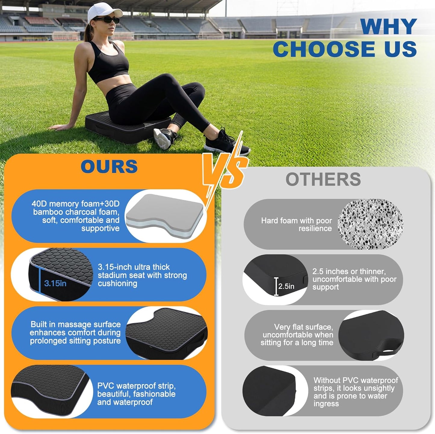 Stadium Seat Cushions for Bleachers 2 Pack - 3.15" Extra Thick Portable Bleacher Seats with Memory Foam & Massage Dots, Comfortable Waterproof Outdoor Chair Pads for Sporting Events, Travel, Camping