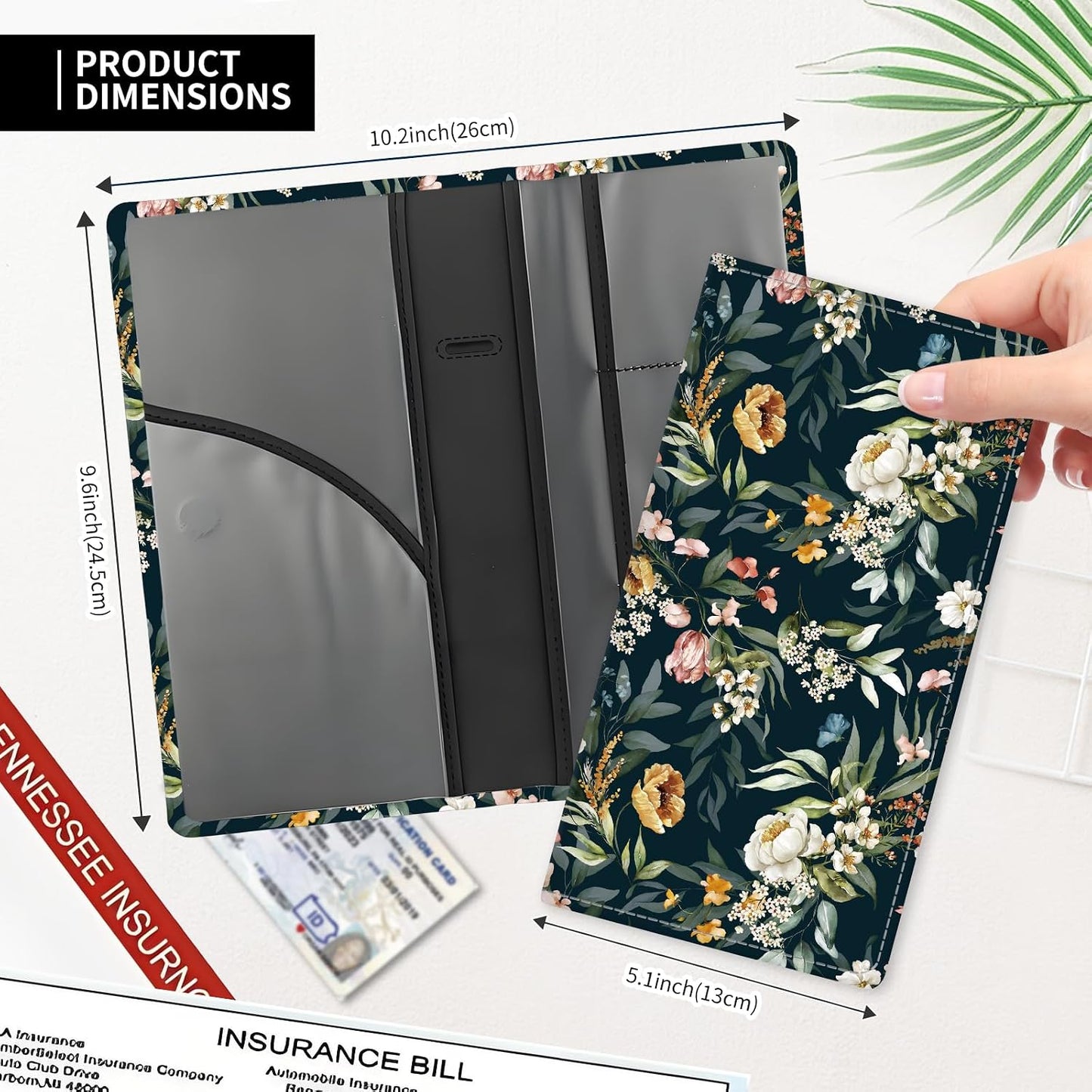 Leather Car Registration and Insurance Card Holder, Cute Car Accessories Vehicle Glove Box Car Organizer for Documents, Cards, License Boho Luxury Flowers
