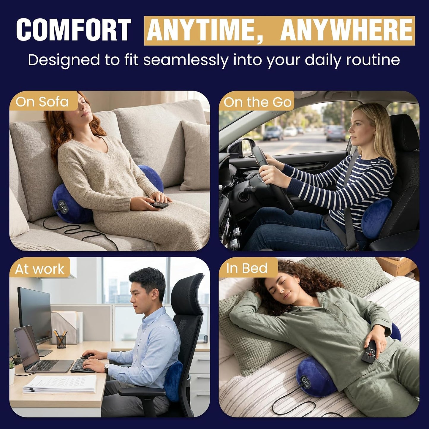 2026 Upgraded 4 in 1 Electric Lumbar Support Massager Pillow with Remote Control, Triple Fusion Back Massager with Stretching Vibration And Heat for Lower Back Pain Relief for Office, Bed, Car, Sofa