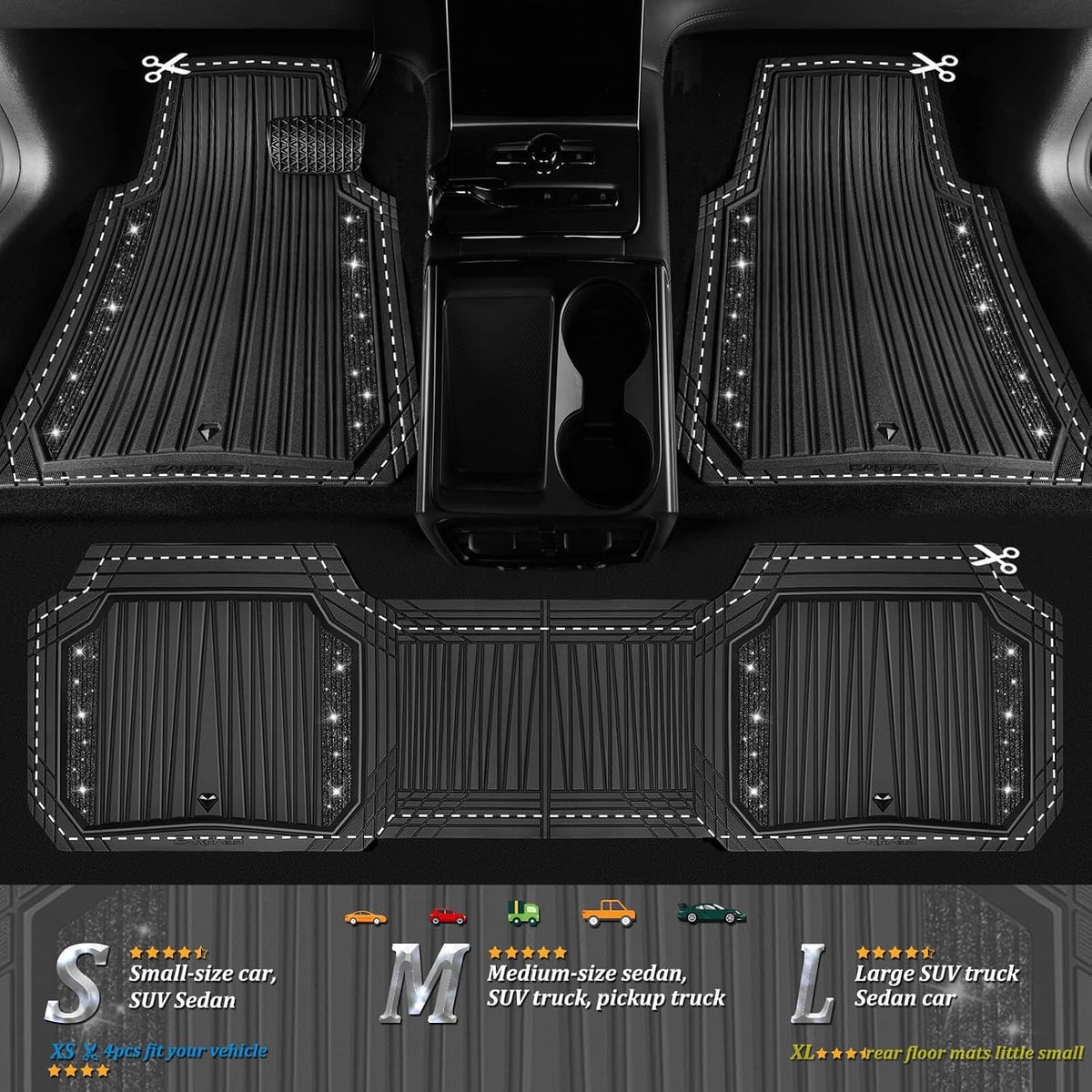 CAR PASS Bling Glitter Car Floor Mats Heavy Rubber Deep Water Proof, Black