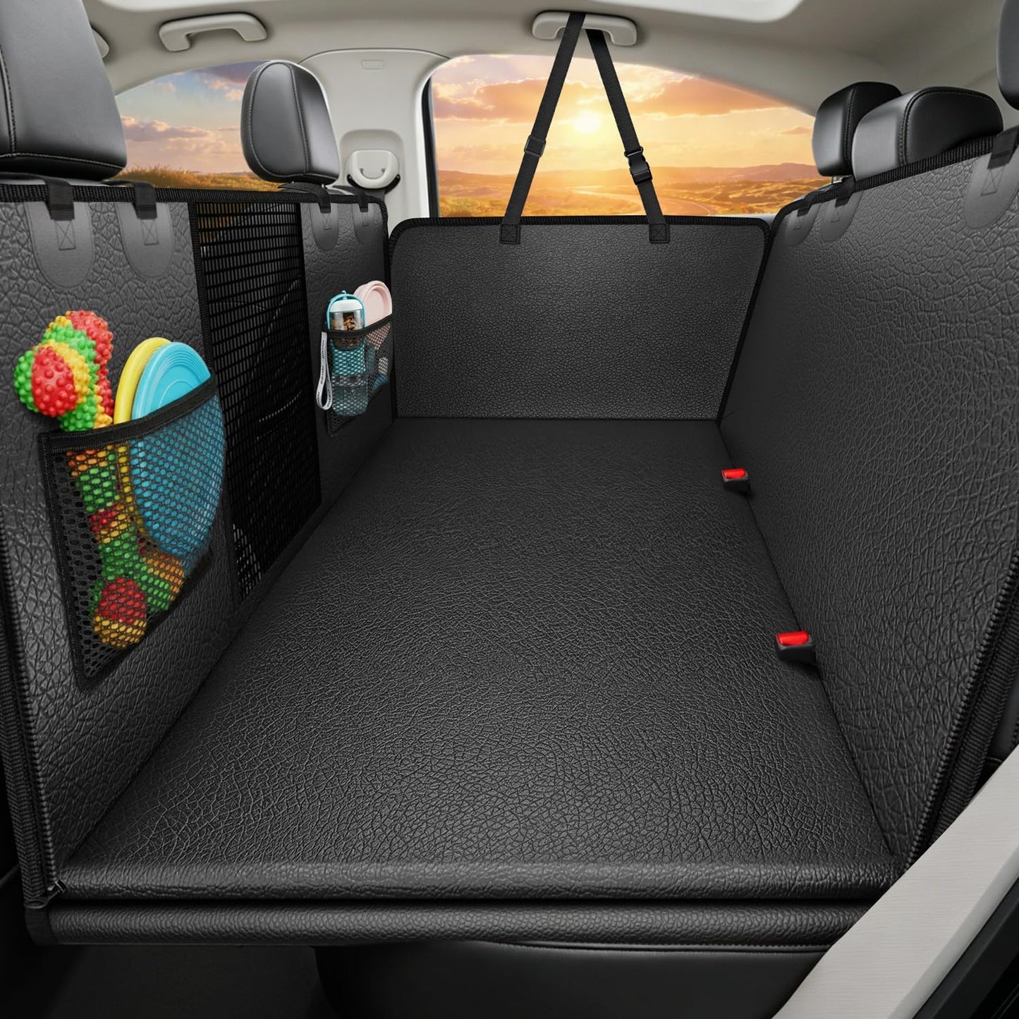URPOWER Upgraded PU Leather Back Seat Extender for Dogs - Large Hard Bottom Dog Car Seat Cover Holds 550lbs, Waterproof Dog Hammock Pet Bed with High-Density Foam Non-Slip Backseat Protector