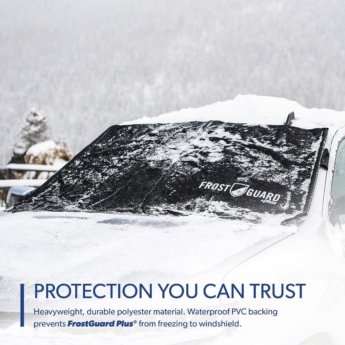 FrostGuard Plus | Winter Windshield Cover for Ice and Snow, Standard Size (Black) - Built-in Security Panels, Wiper Blade Coverage + Mirror Covers - Fits Standard Size Cars, 59 x 41 Inches