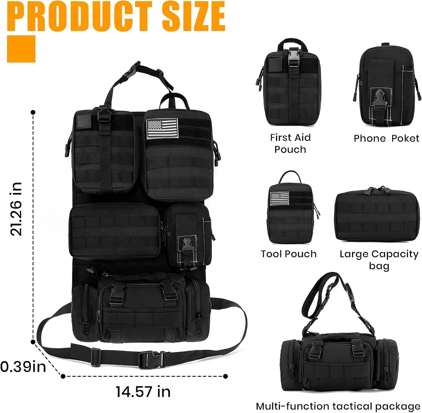 6 Pack Tactical MOLLE Car Seat Back Organizer - Universal Vehicle Storage Bag with 5 Detachable MOLLE Pouches, US Flag Patch & Keychain, Fits Jeep, Truck, SUV, Car (Black)