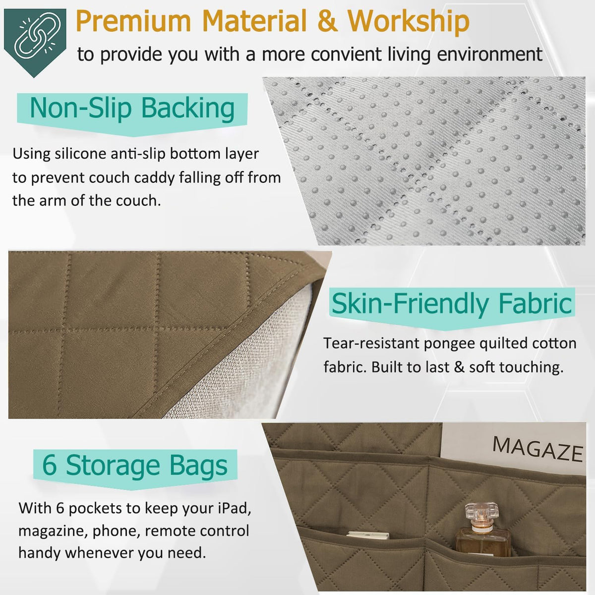Remote Control Holder for Recliner Non-Slip Armchair Caddy Couch Armrest Organizer, Arm Chair Bedside Caddy Storage Organizer for Recliner Couch With 6 Pockets for Magazine, Phone, iPad (Beige)