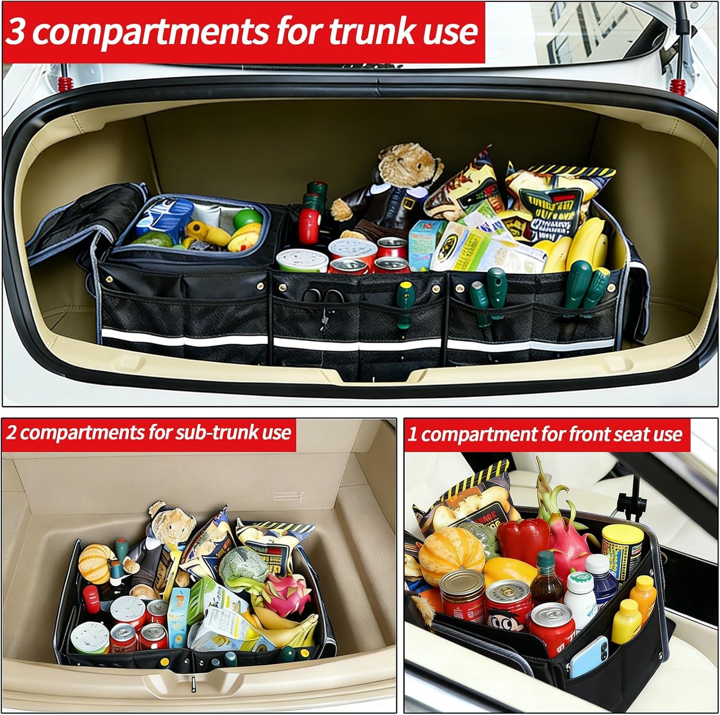 Car Trunk Organizer with Removable Cooler Bag - Collapsible Multi-Compartment Storage for SUV Truck Groceries Camping, Durable Nylon Auto Cargo Organizer (Black)